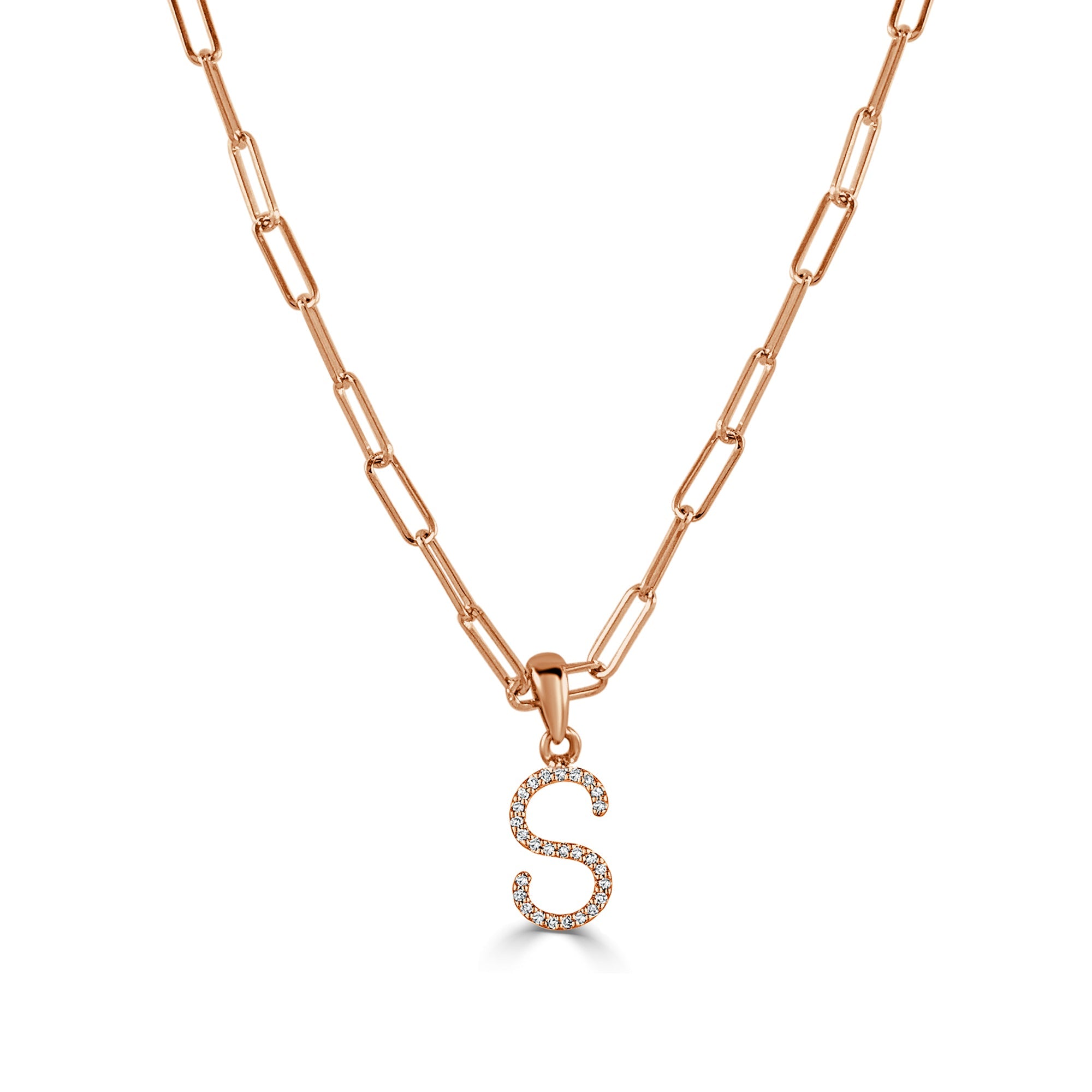 14K Rose Gold Diamond Initial Paperclip Link Chain Necklace-S