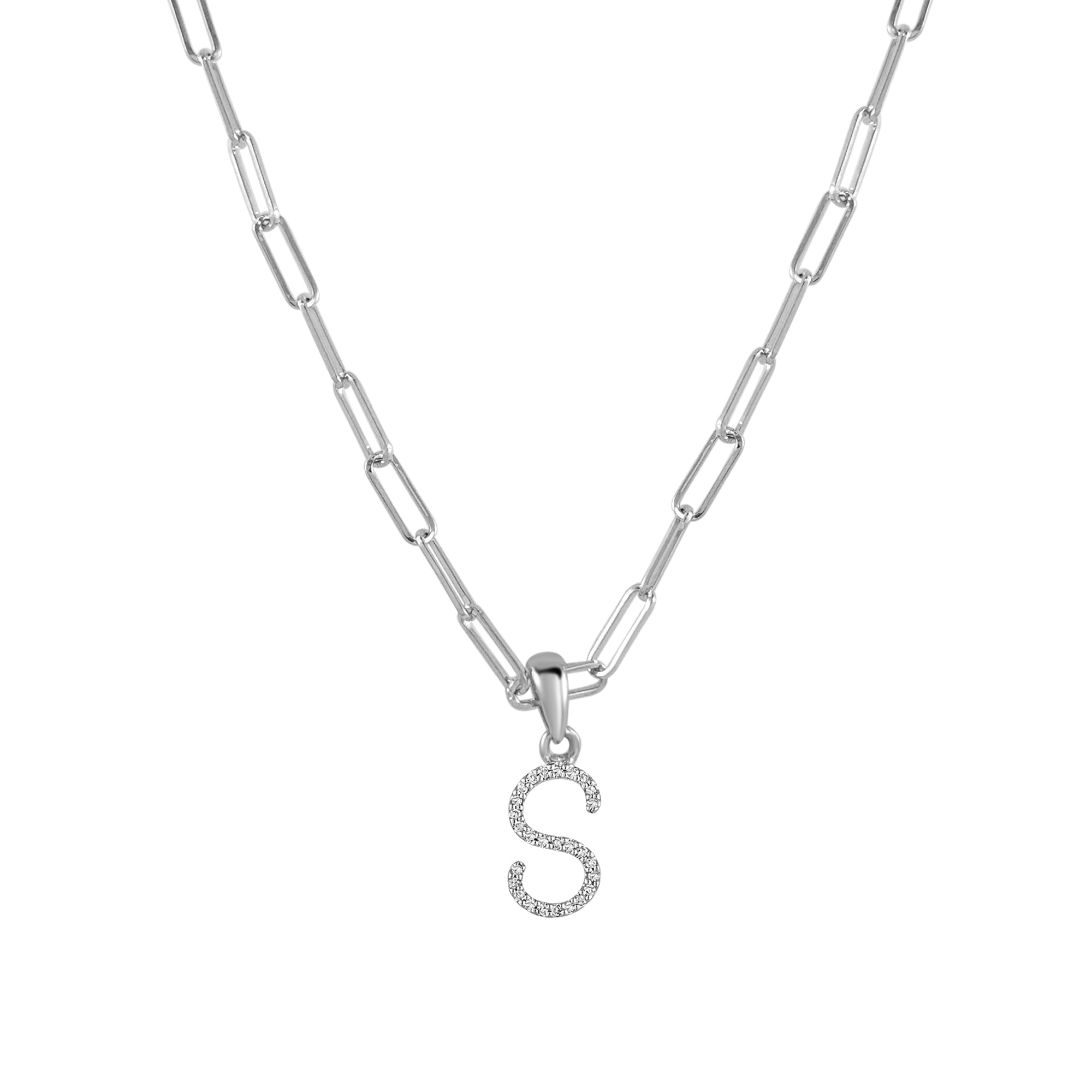 14K Gold Diamond Initial Paperclip Link Necklace- S