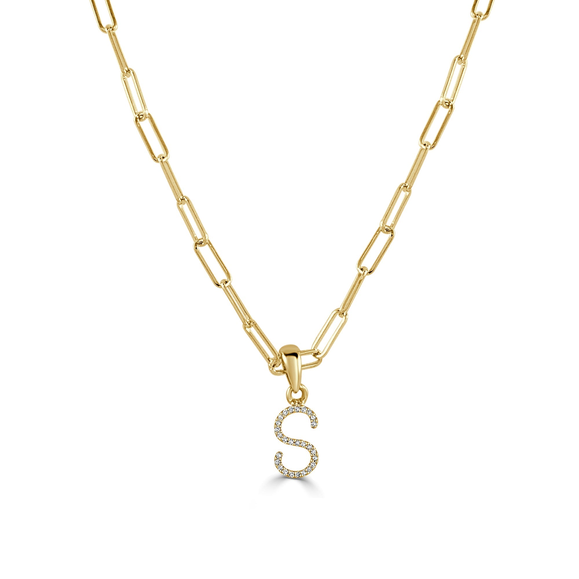 Diamond Initial Paperclip Chain Necklace, 14K