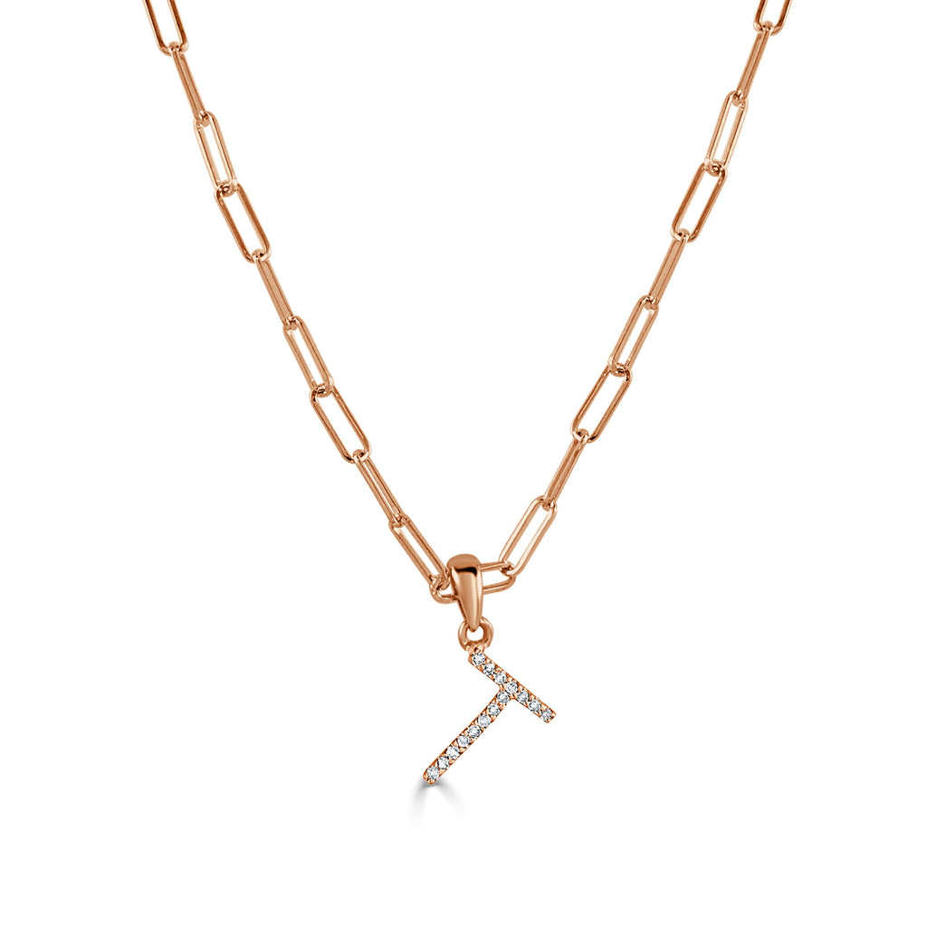 14K Rose Gold Diamond Initial Paperclip Link Chain Necklace-T
