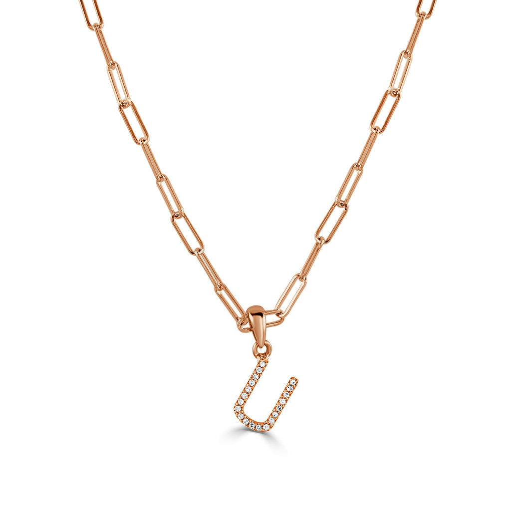 14K Rose Gold Diamond Initial Paperclip Link Chain Necklace-U