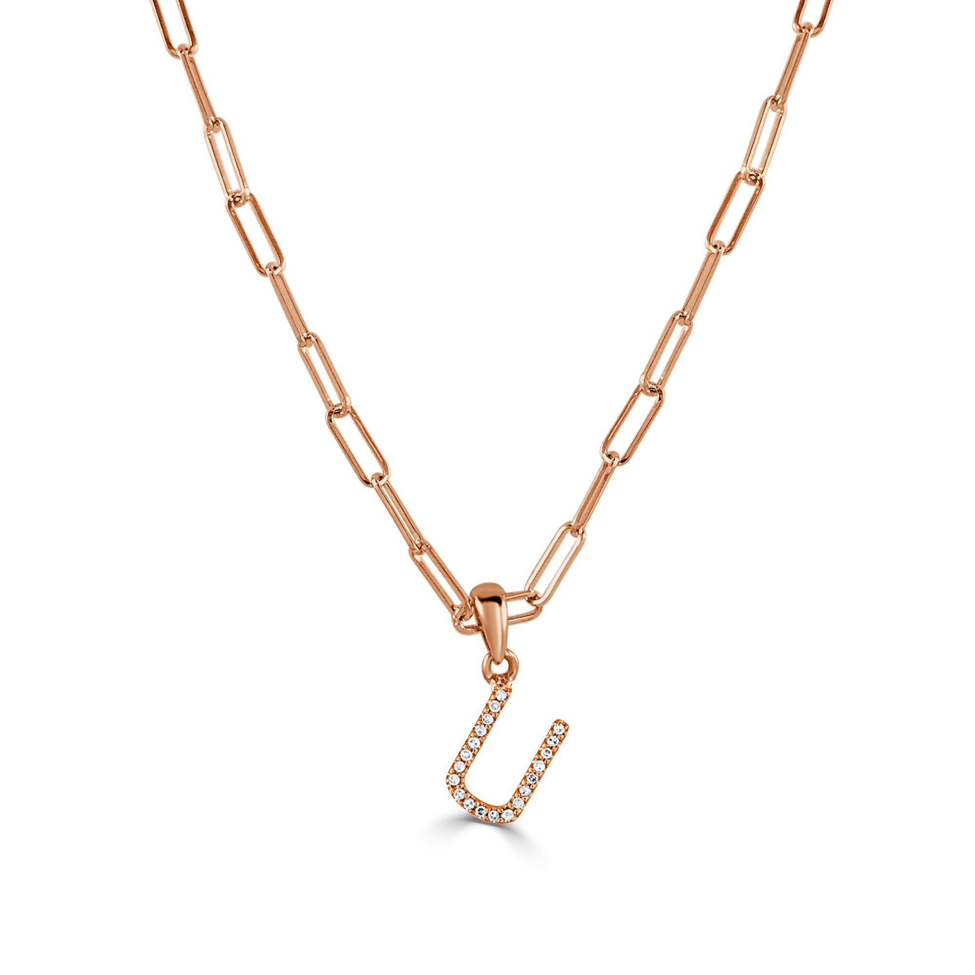 14K Rose Gold Diamond Initial Paperclip Link Chain Necklace-U