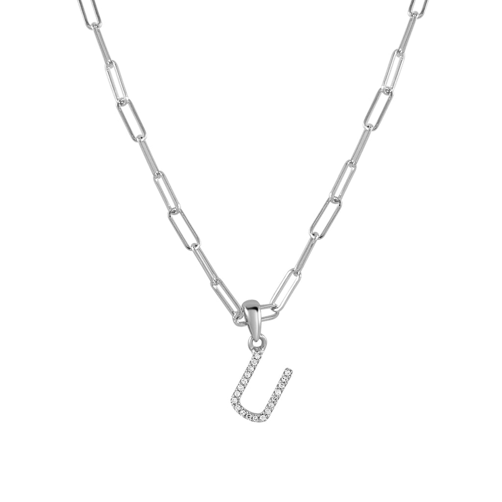 14K Gold Diamond Initial Paperclip Link Necklace- U