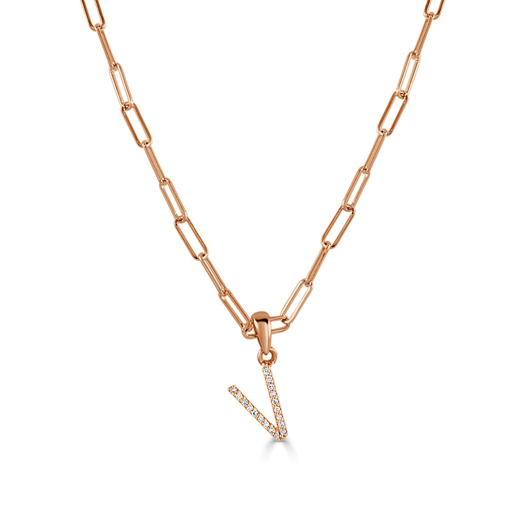 14K Rose Gold Diamond Initial Paperclip Link Chain Necklace-V