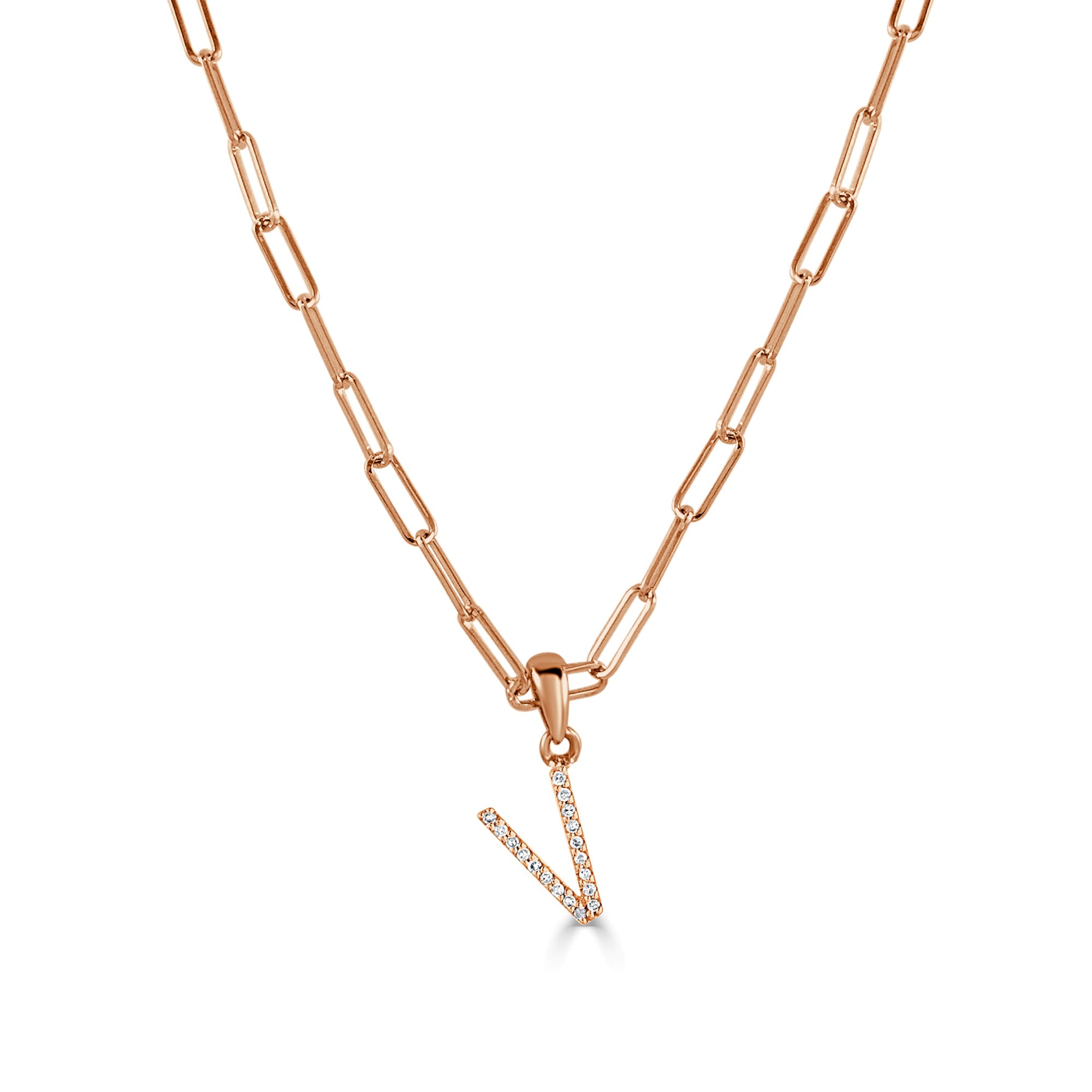 14K Rose Gold Diamond Initial Paperclip Link Chain Necklace-V