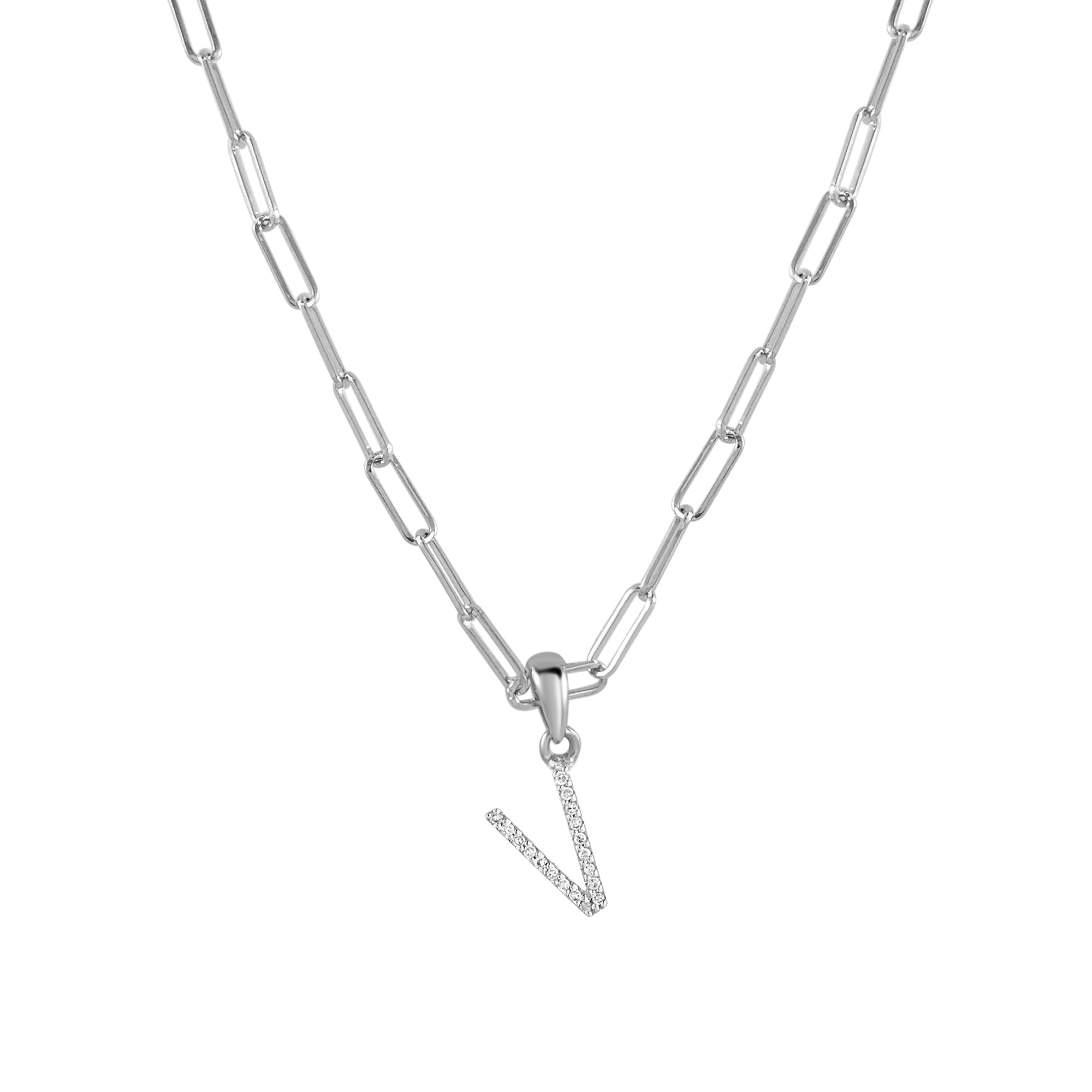 14K Gold Diamond Initial Paperclip Link Necklace- V