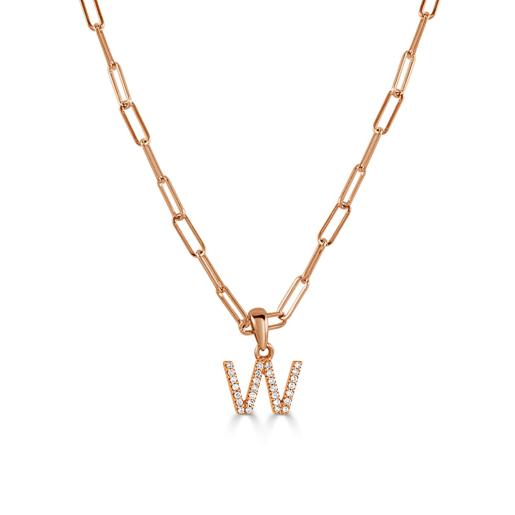 14K Rose Gold Diamond Initial Paperclip Link Chain Necklace-W