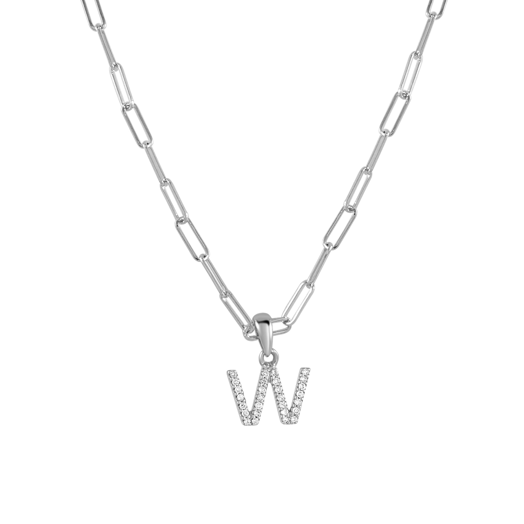 14K Gold Diamond Initial Paperclip Link Necklace- W