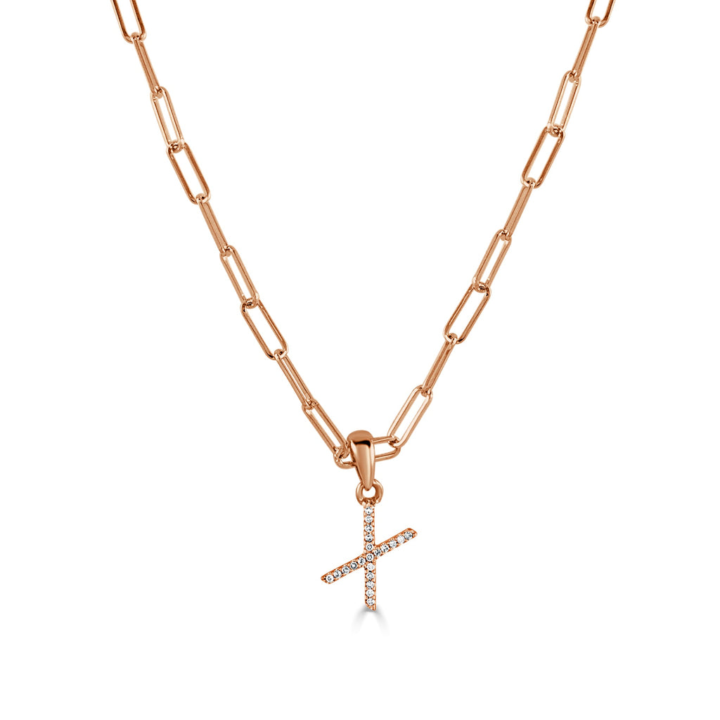 14K Rose Gold Diamond Initial Paperclip Link Chain Necklace-X