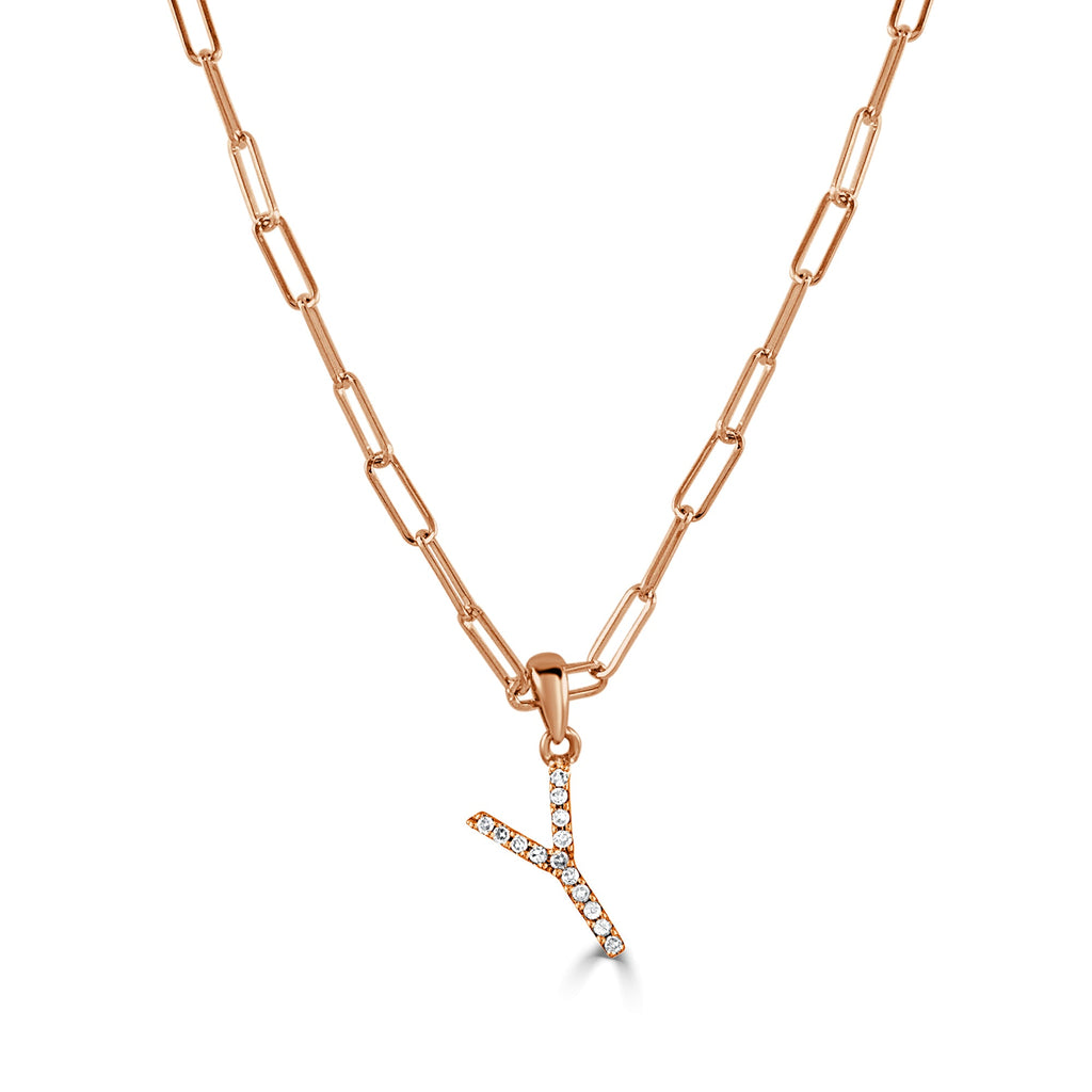 14K Rose Gold Diamond Initial Paperclip Link Chain Necklace-Y