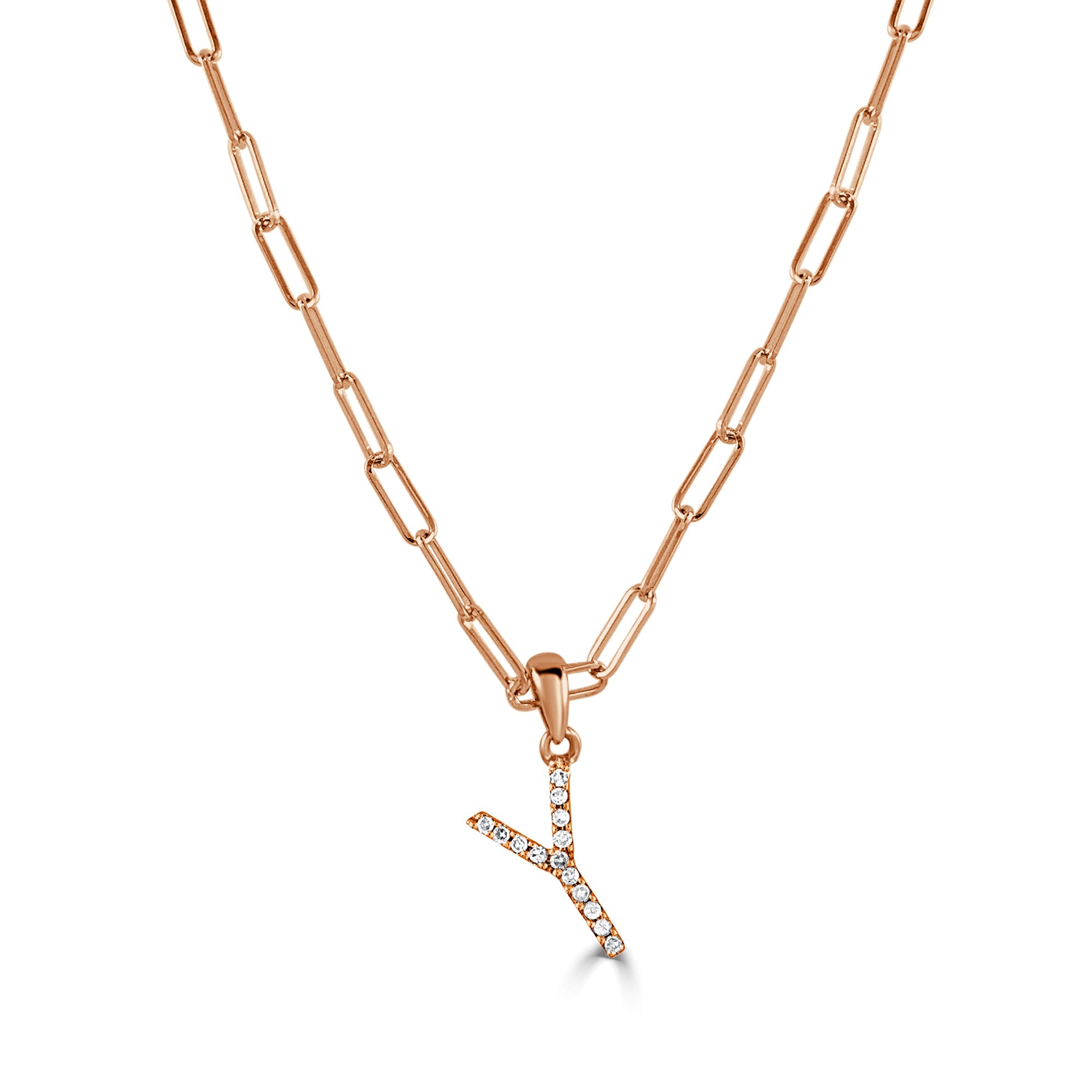 14K Rose Gold Diamond Initial Paperclip Link Chain Necklace-Y