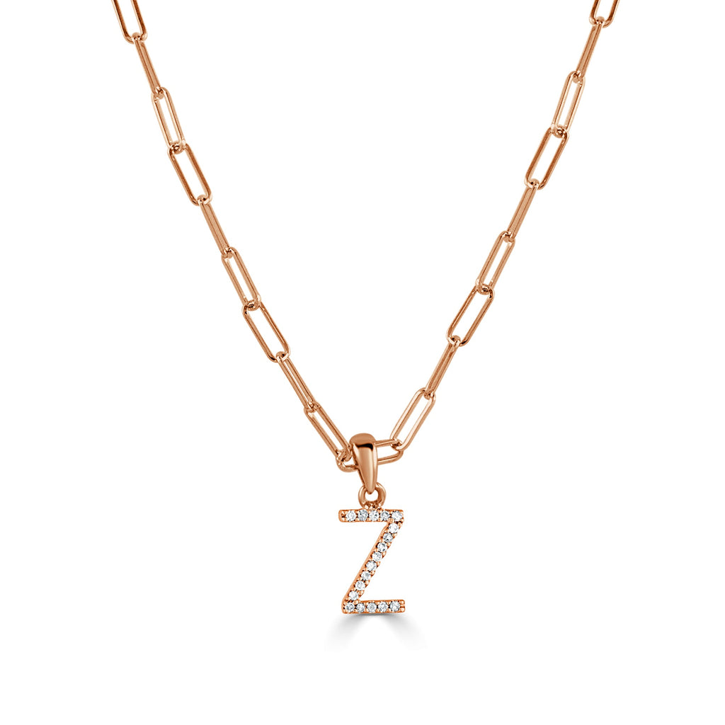 14K Rose Gold Diamond Initial Paperclip Link Chain Necklace-Z