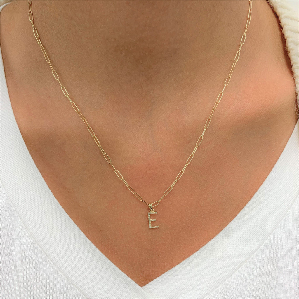 Diamond Initial Paperclip Chain Necklace, 14K