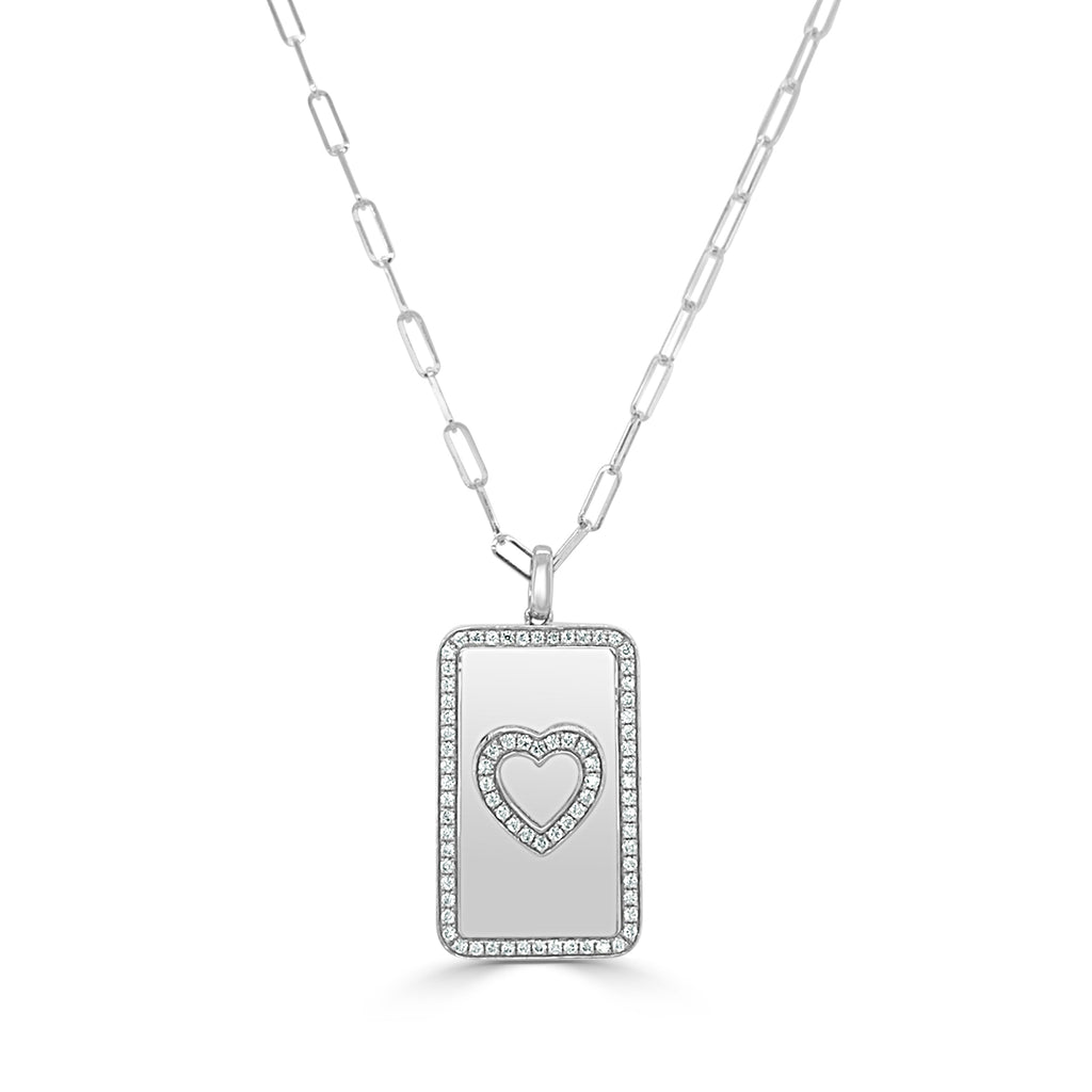 14K Gold Diamond Heart Paperclip Necklace-White