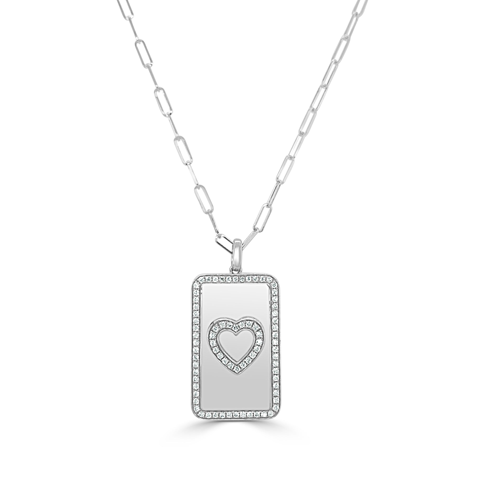 14K Gold Diamond Heart Paperclip Necklace-White