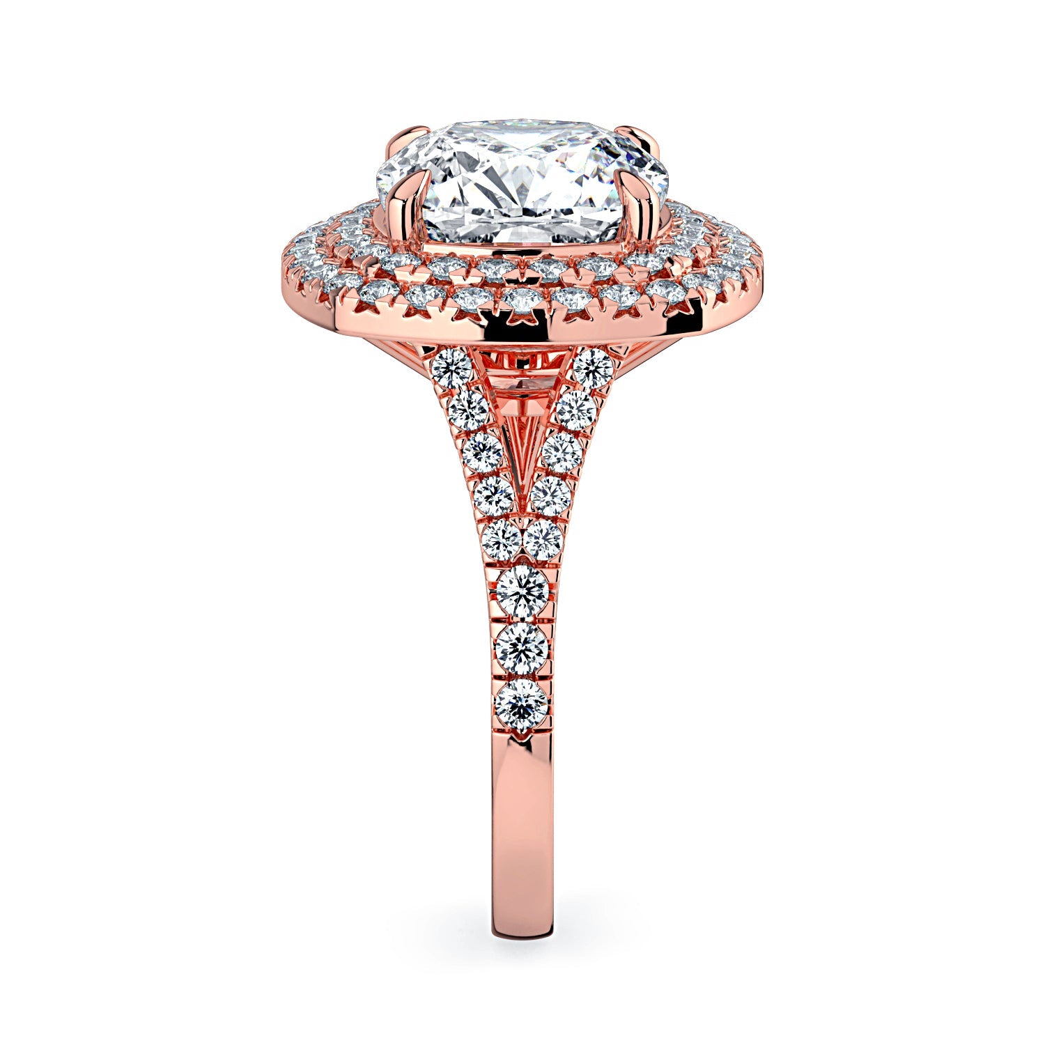 Cushion-Cut Double Halo & Pavé Diamond Engagement Ring-Rose