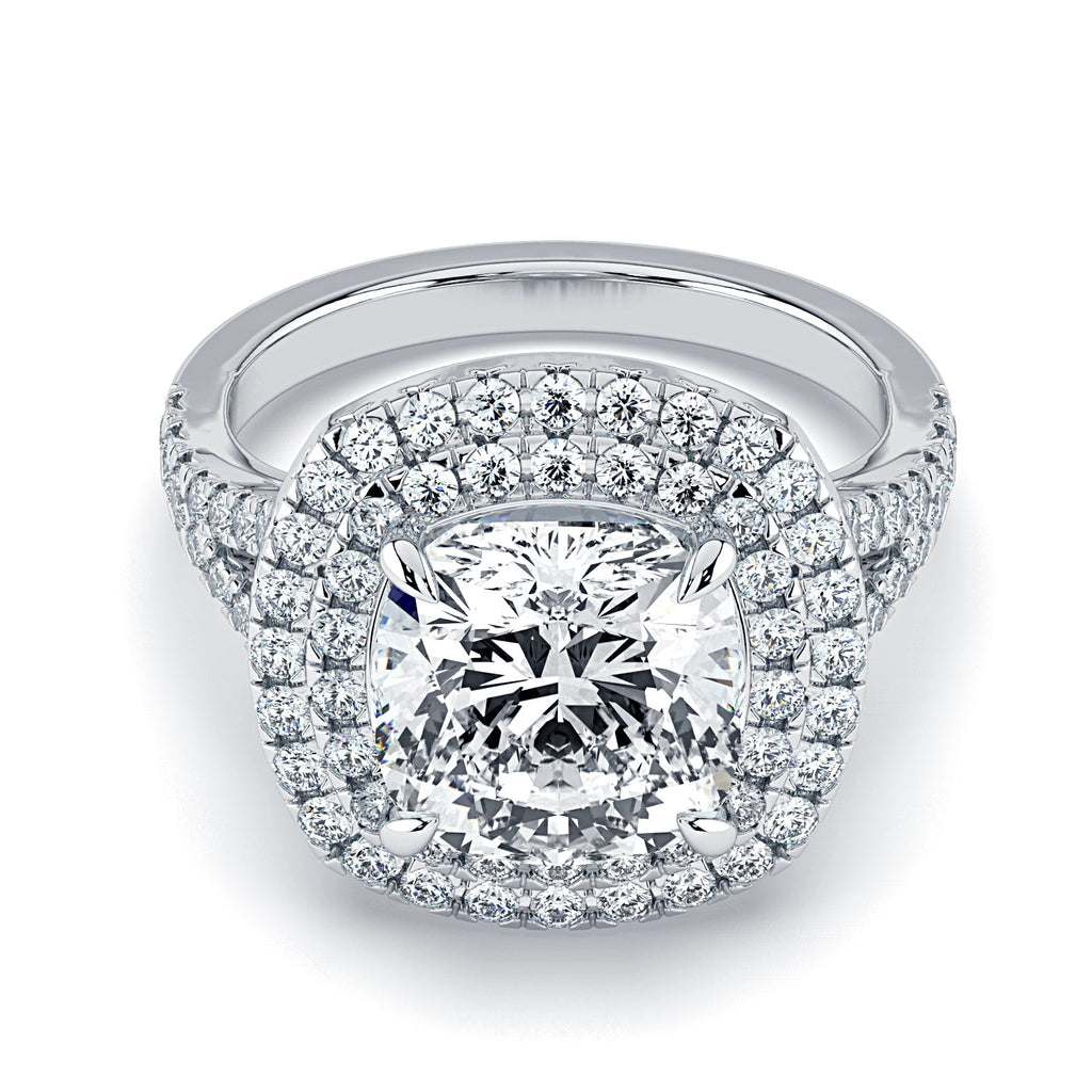 Cushion-Cut Double Halo & Pavé Diamond Engagement Ring-White