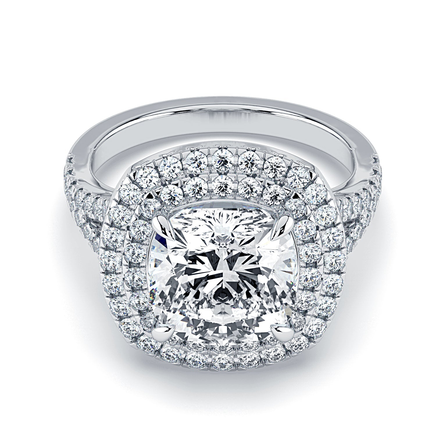 Cushion-Cut Double Halo & Pavé Diamond Engagement Ring-White