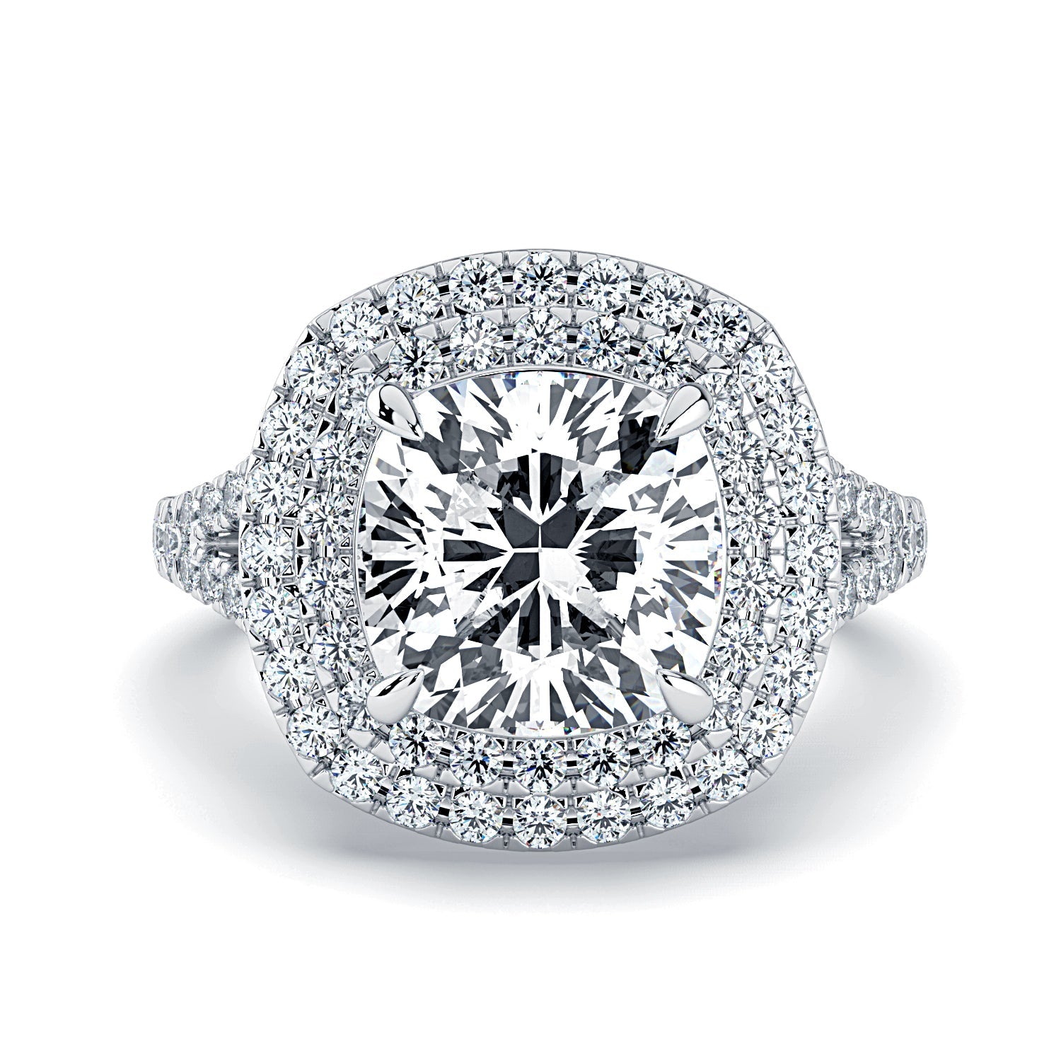 Cushion Cut Double Halo Pavé Diamond Engagement Ring, 18K