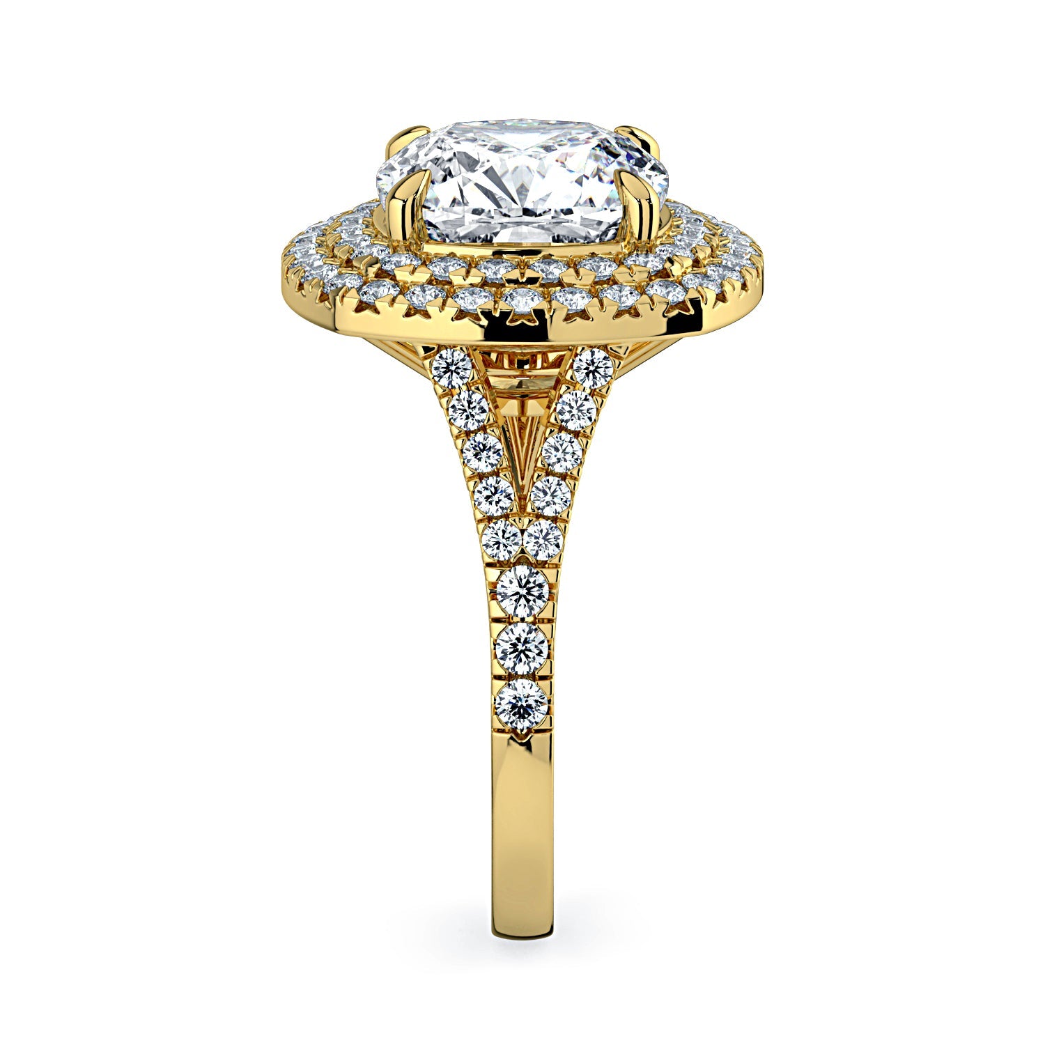 Cushion-Cut Double Halo & Pavé Diamond Engagement Ring-Yellow