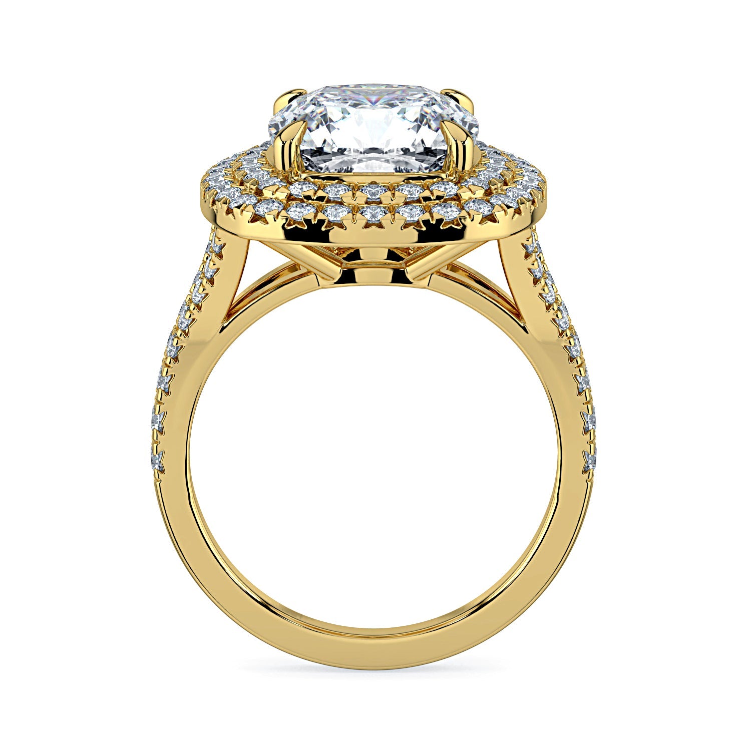 Cushion-Cut Double Halo & Pavé Diamond Engagement Ring-Yellow
