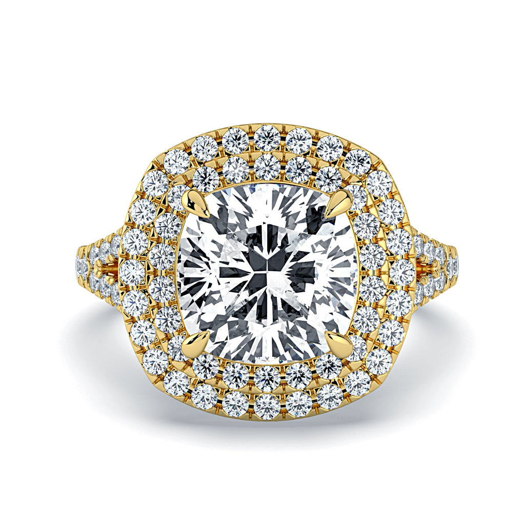 Cushion-Cut Double Halo & Pavé Diamond Engagement Ring-Yellow