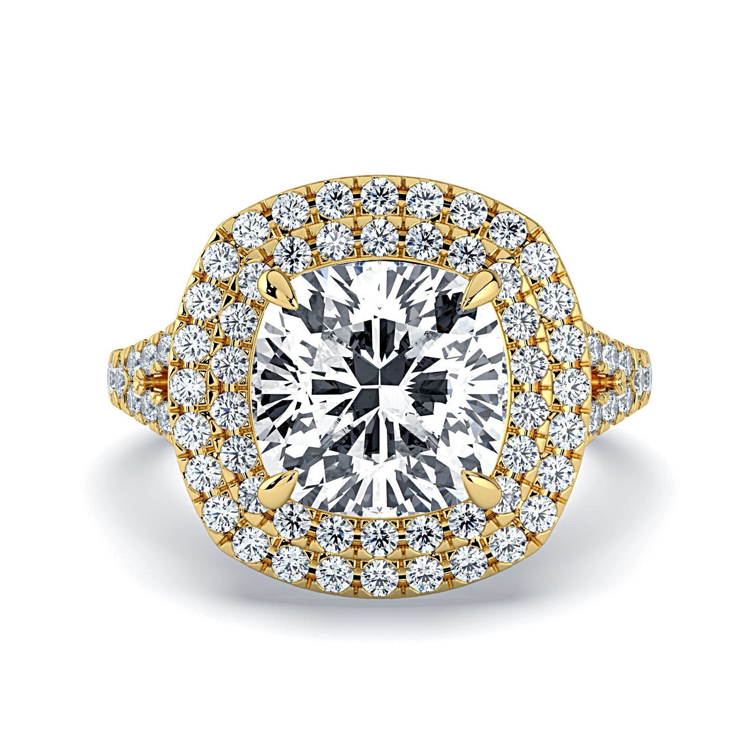 Cushion-Cut Double Halo & Pavé Diamond Engagement Ring-Yellow