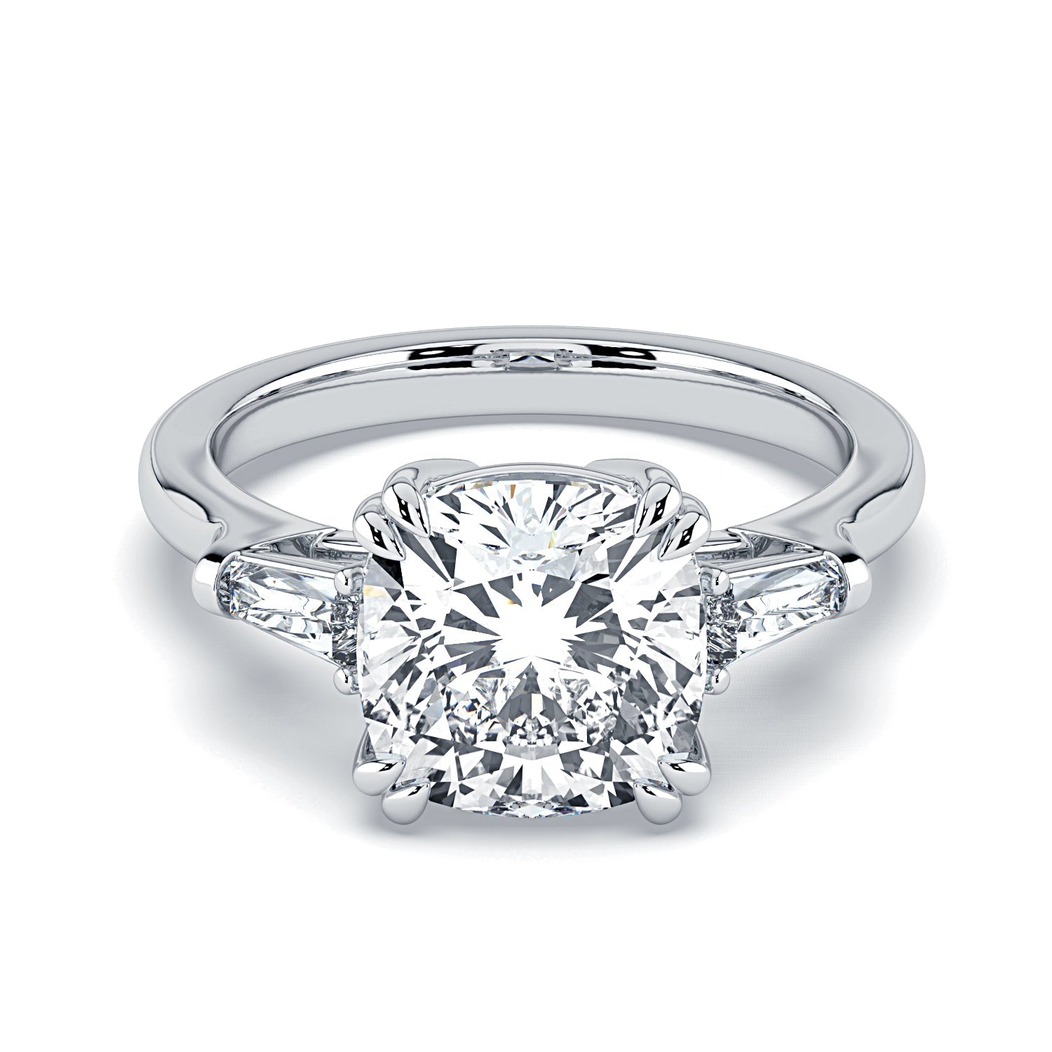 Cushion-Cut & Tapered Baguette Diamond Engagement Ring - White