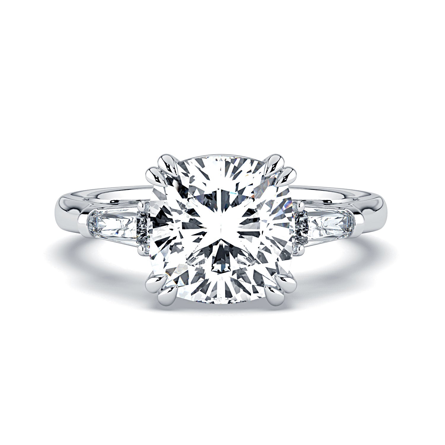 Cushion-Cut & Tapered Baguette Diamond Engagement Ring - White