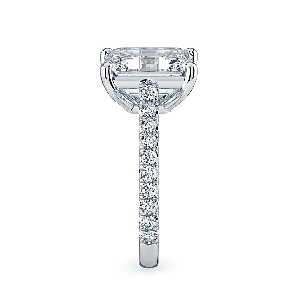 Emerald-Cut Solitaire Pavé Diamond Engagement Ring -White