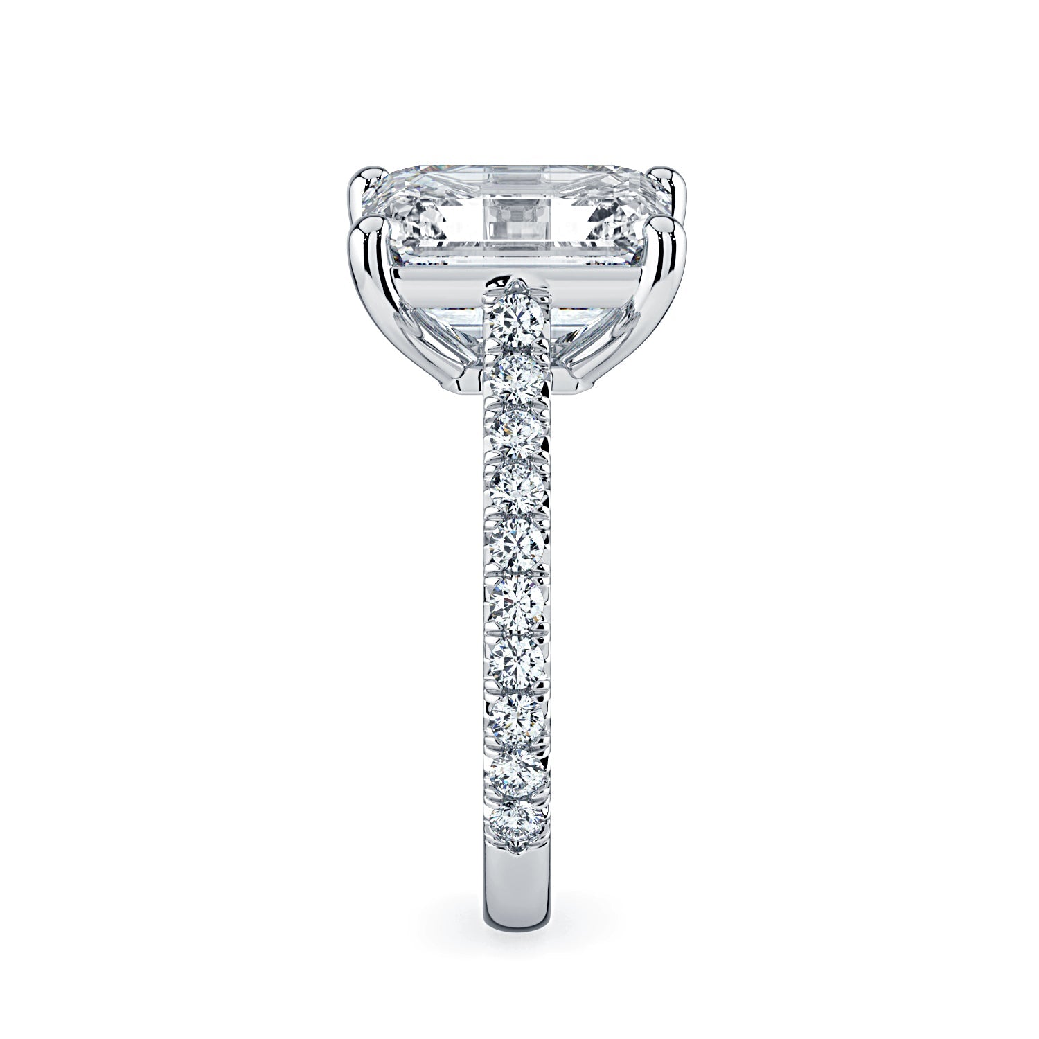 Emerald-Cut Solitaire Pavé Diamond Engagement Ring -White