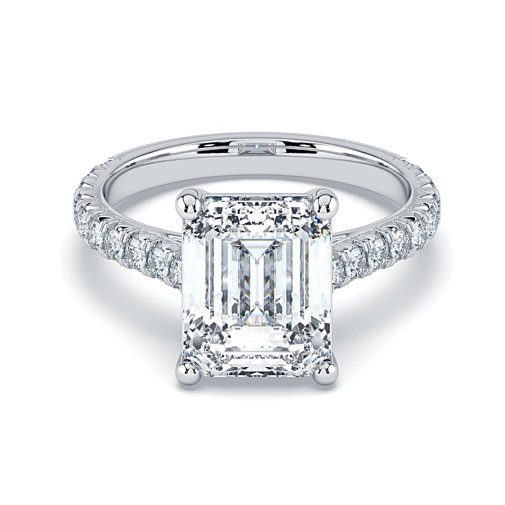 Emerald-Cut Solitaire Pavé Diamond Engagement Ring -White