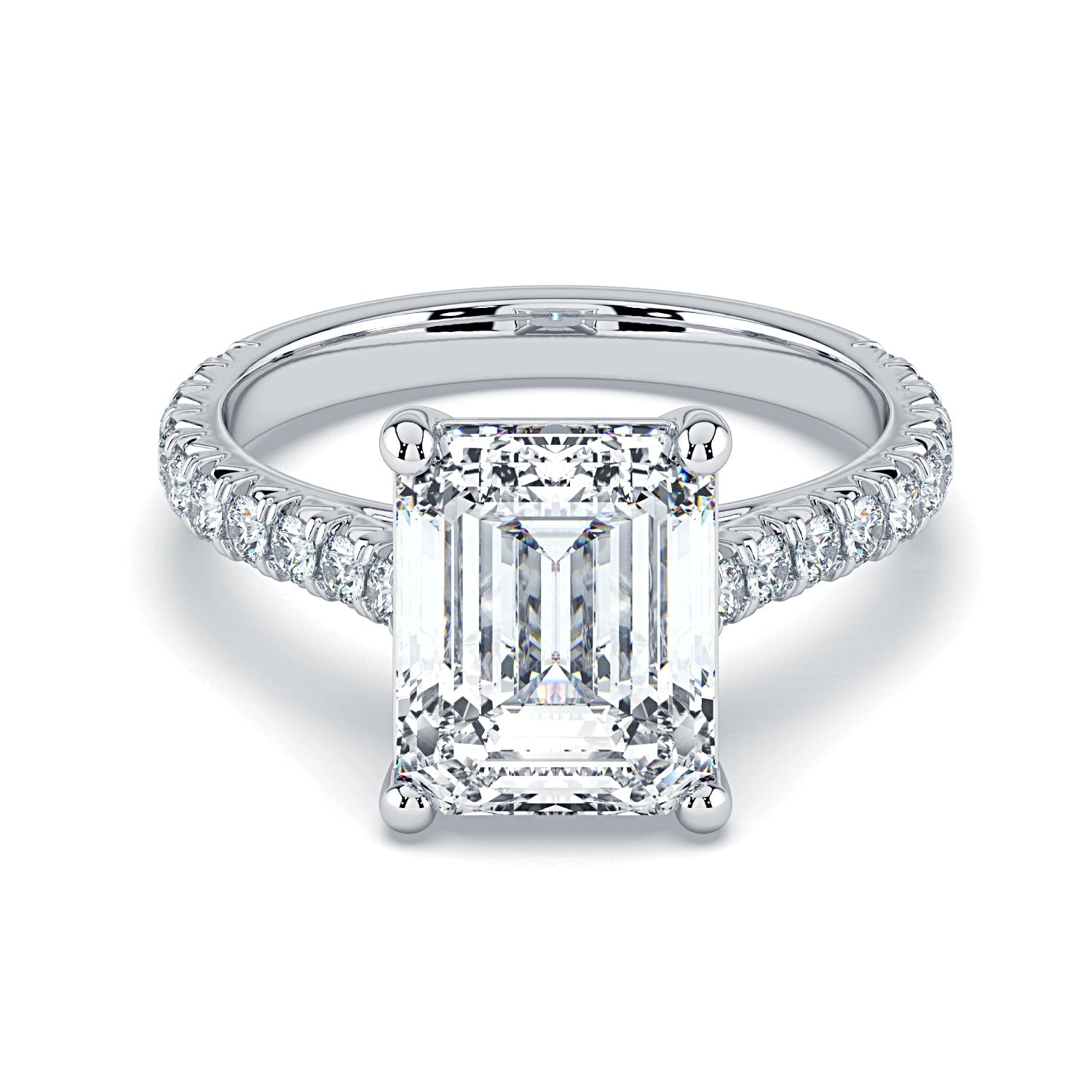 Emerald-Cut Solitaire Pavé Diamond Engagement Ring -White