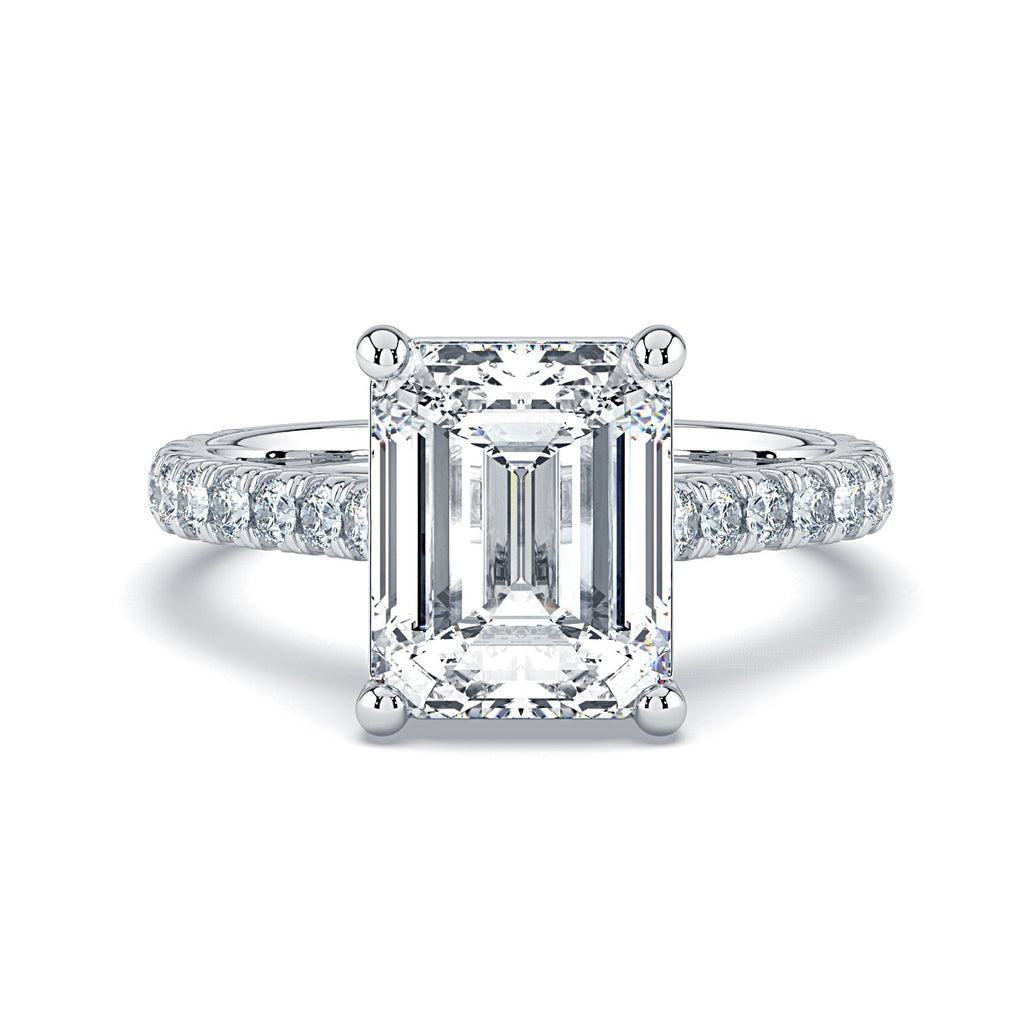 Emerald-Cut Solitaire Pavé Diamond Engagement Ring -White