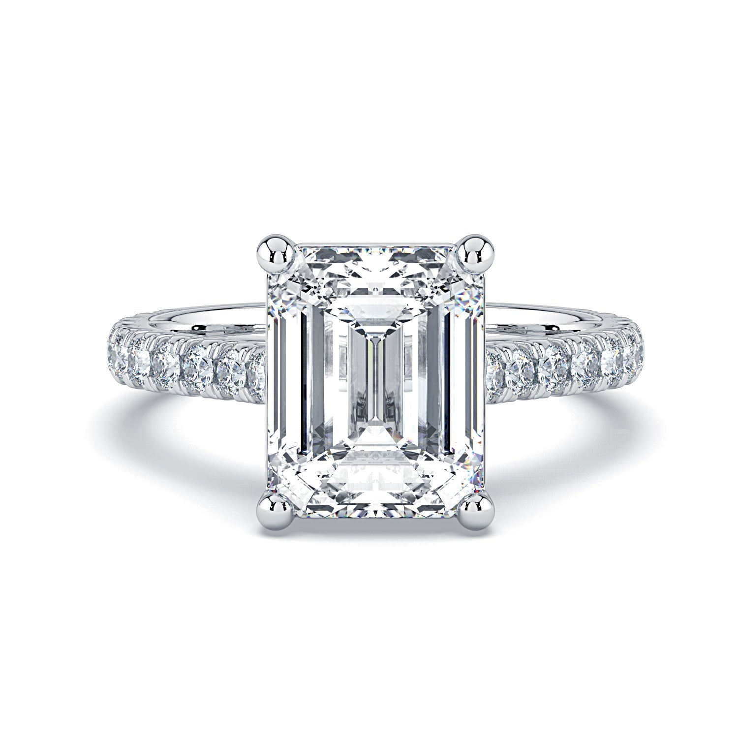 Emerald-Cut Solitaire Pavé Diamond Engagement Ring -White