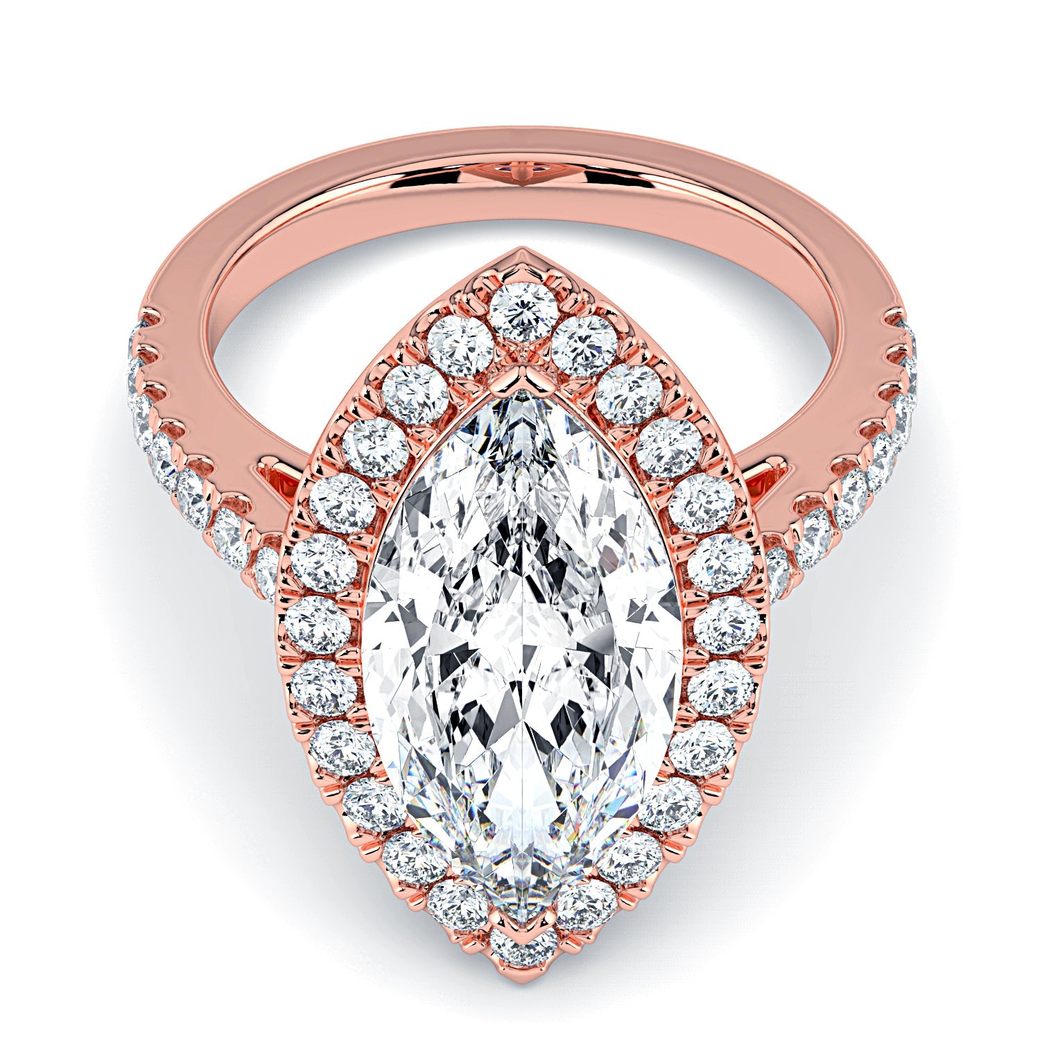 Marquise Shape Halo & Pavé Diamond Engagement Ring - Rose