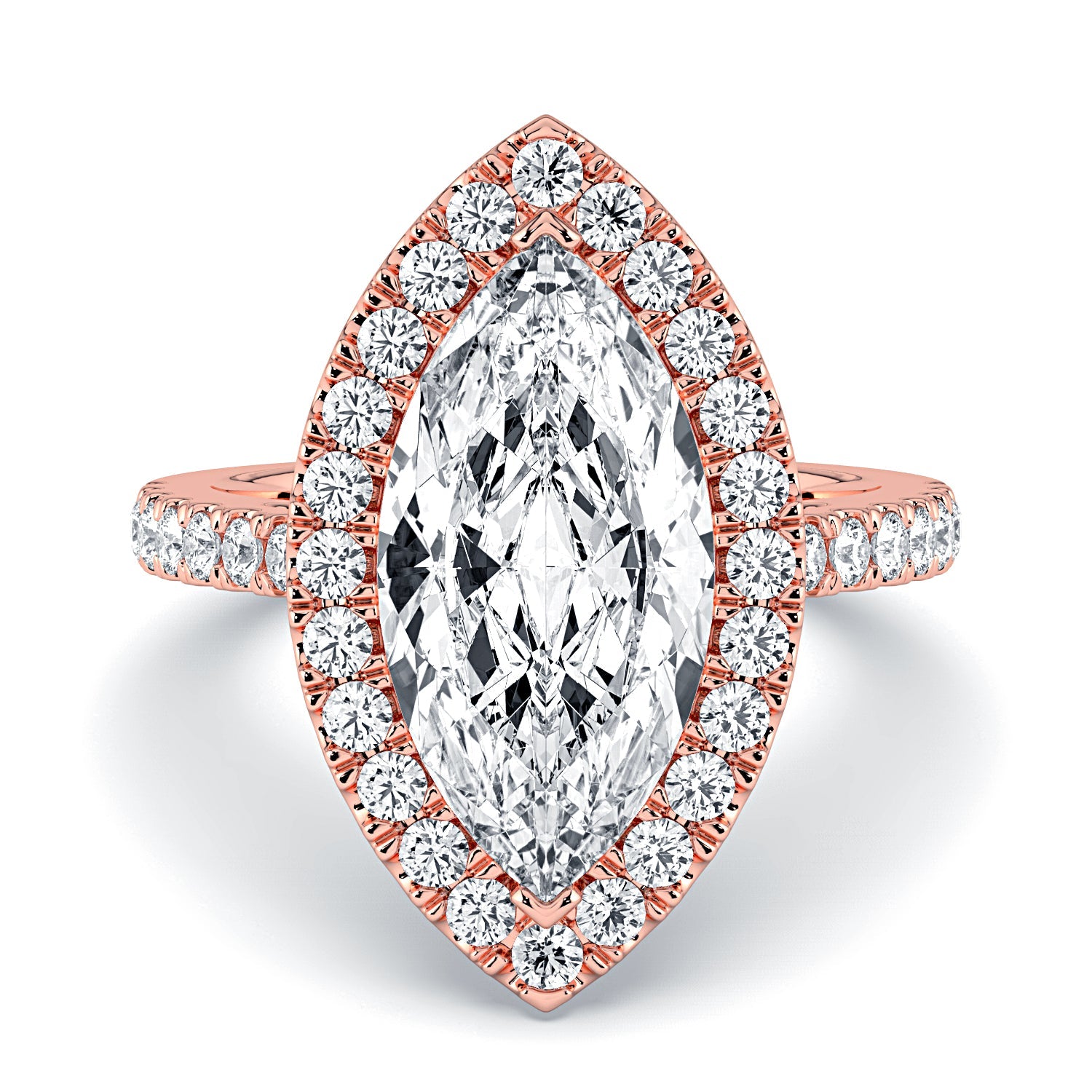 Marquise Shape Halo & Pavé Diamond Engagement Ring - Rose