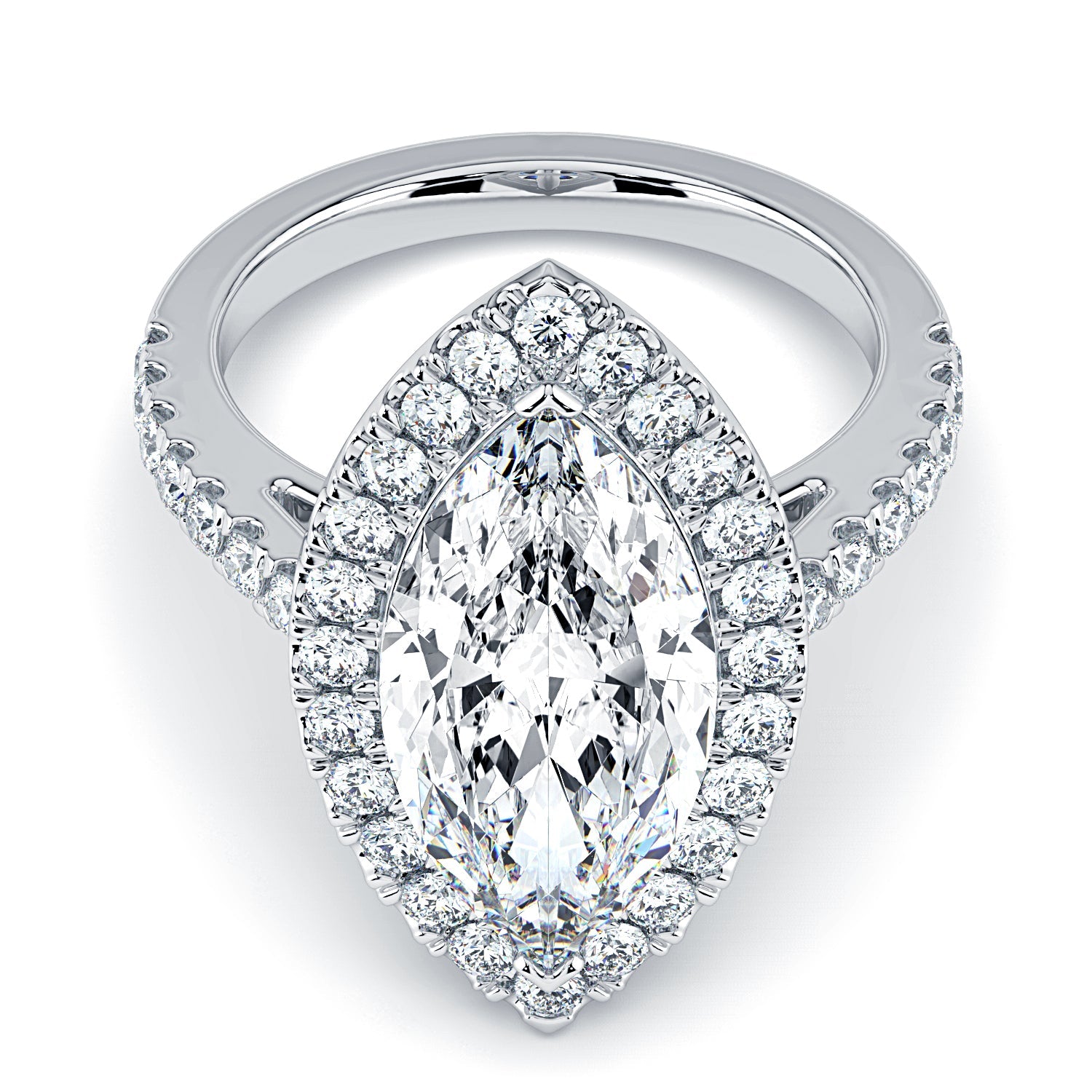 Marquise Shape Halo & Pavé Diamond Engagement Ring - White