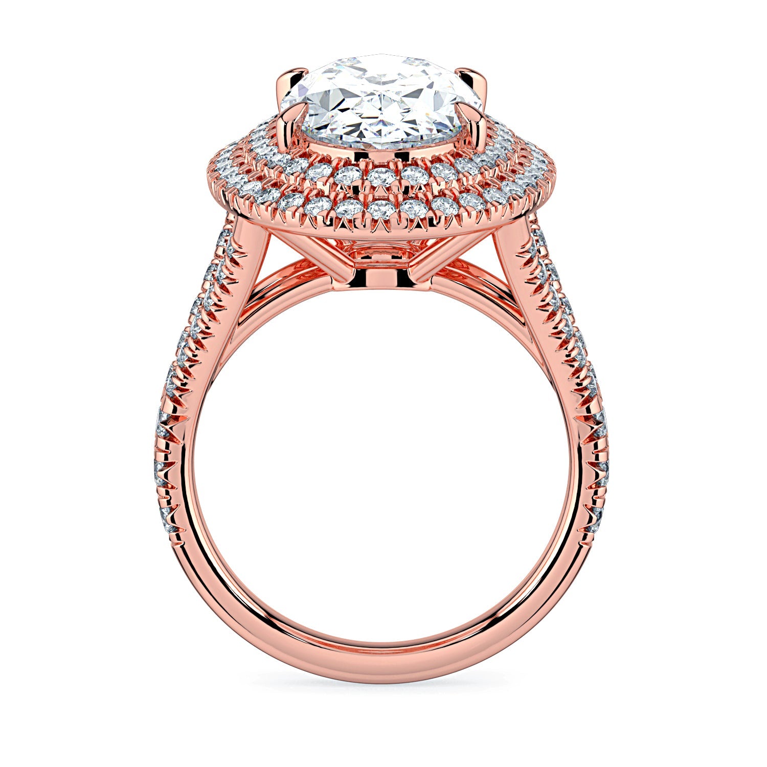 Oval Double Halo & Pavé Split Band Diamond Engagement Ring - Rose