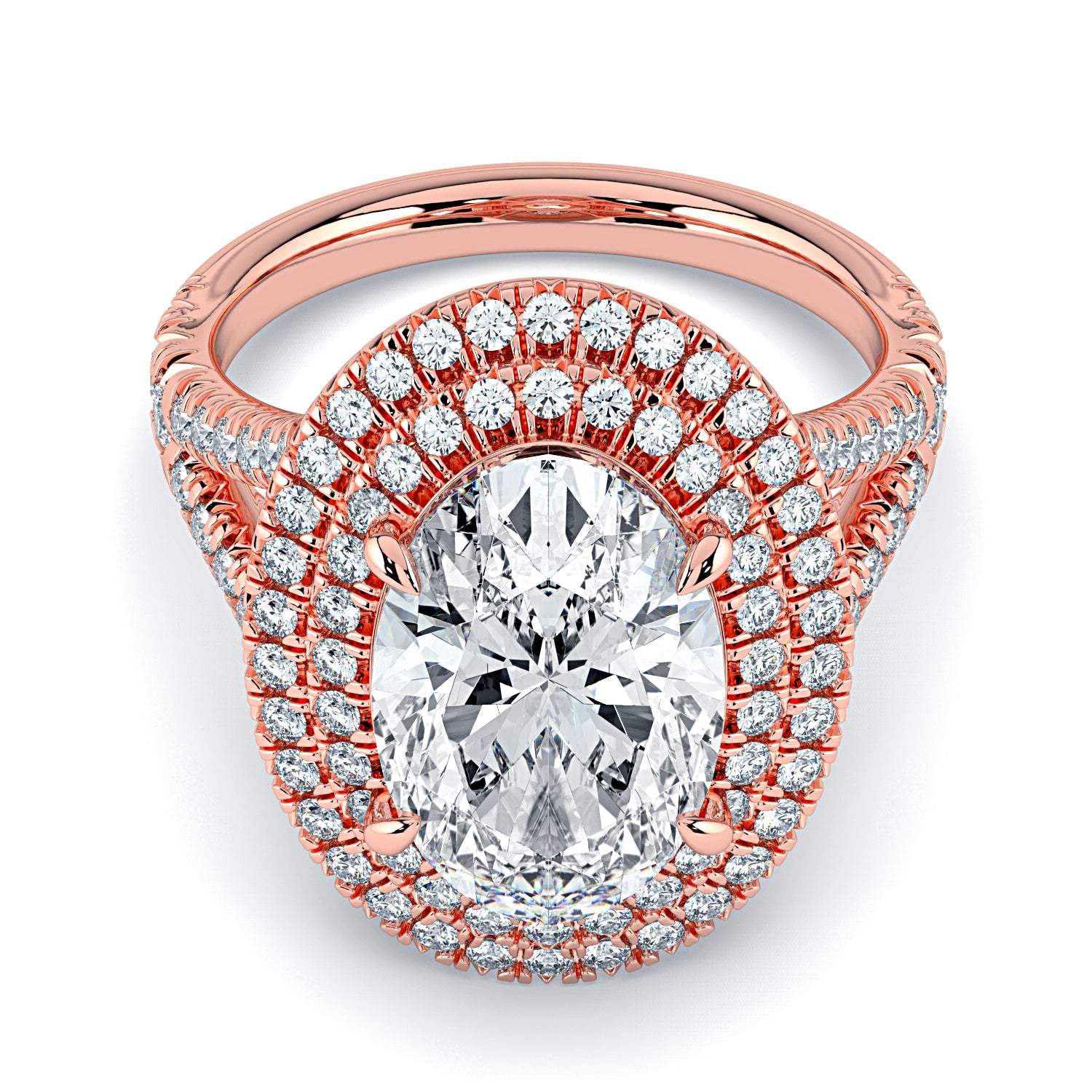 Oval Double Halo & Pavé Split Band Diamond Engagement Ring - Rose
