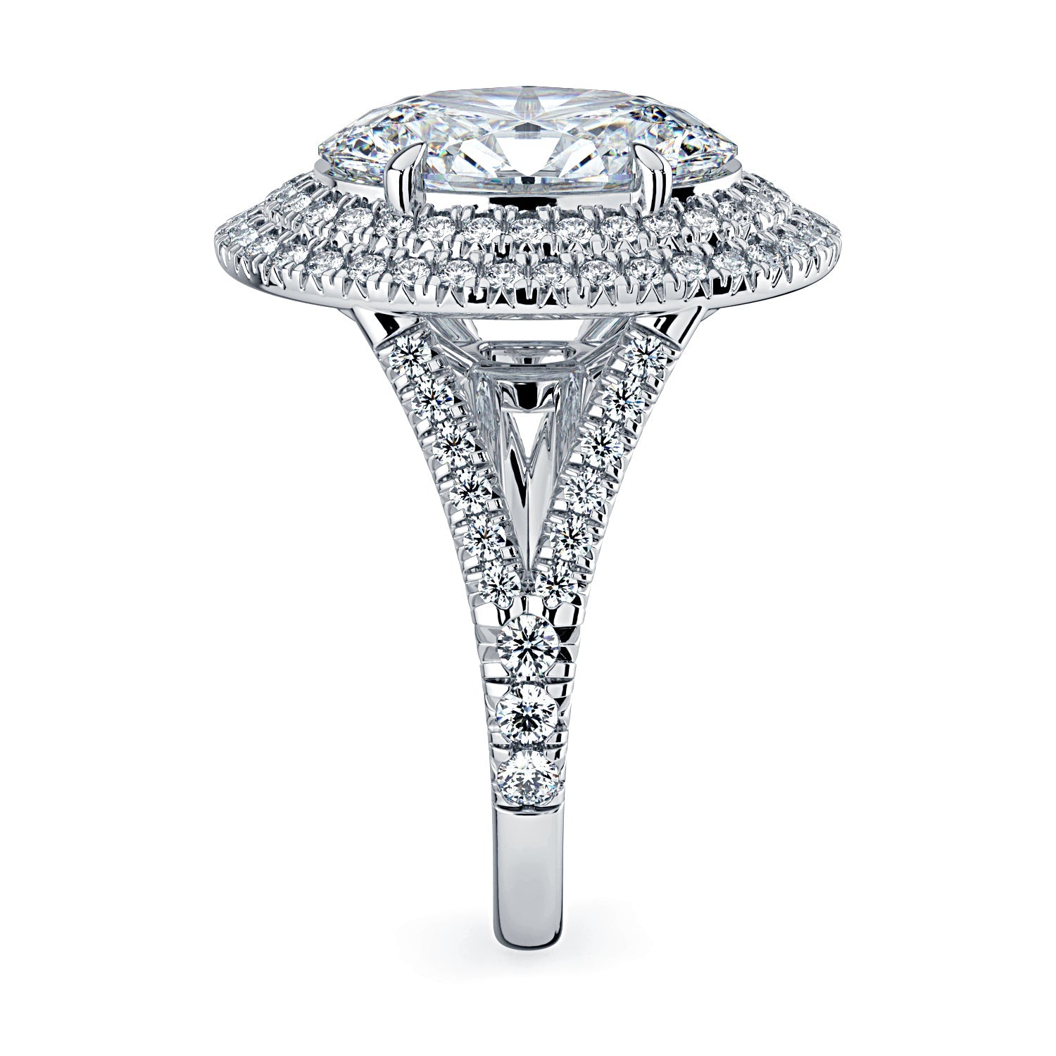 Oval Double Halo & Pavé Split Band Diamond Engagement Ring - White
