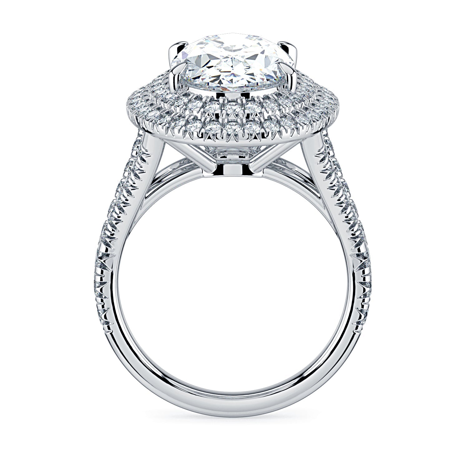 Oval Double Halo & Pavé Split Band Diamond Engagement Ring - White