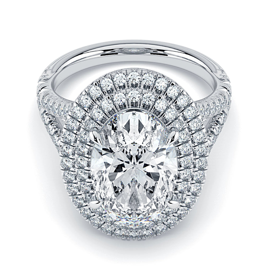 Oval Double Halo & Pavé Split Band Diamond Engagement Ring - White