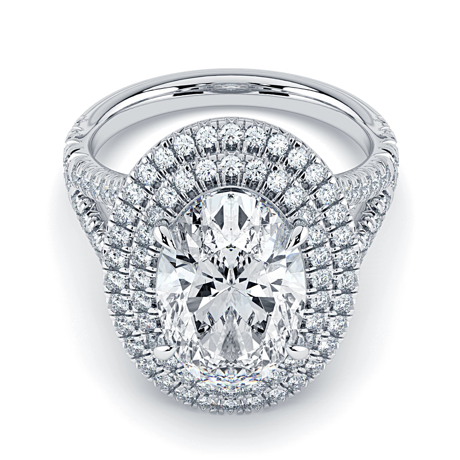 Oval Double Halo & Pavé Split Band Diamond Engagement Ring - White