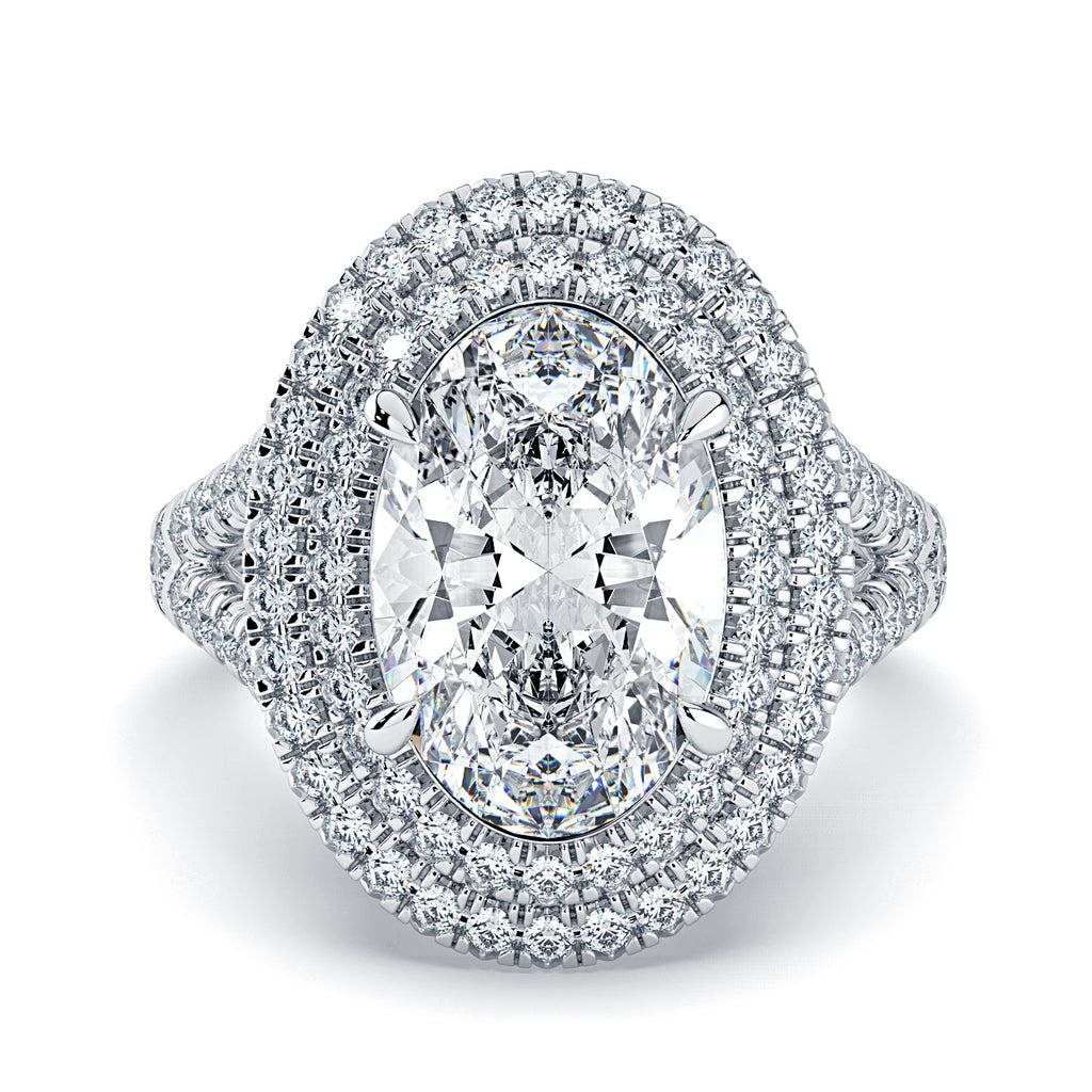 Oval Double Halo & Pavé Split Band Diamond Engagement Ring - White