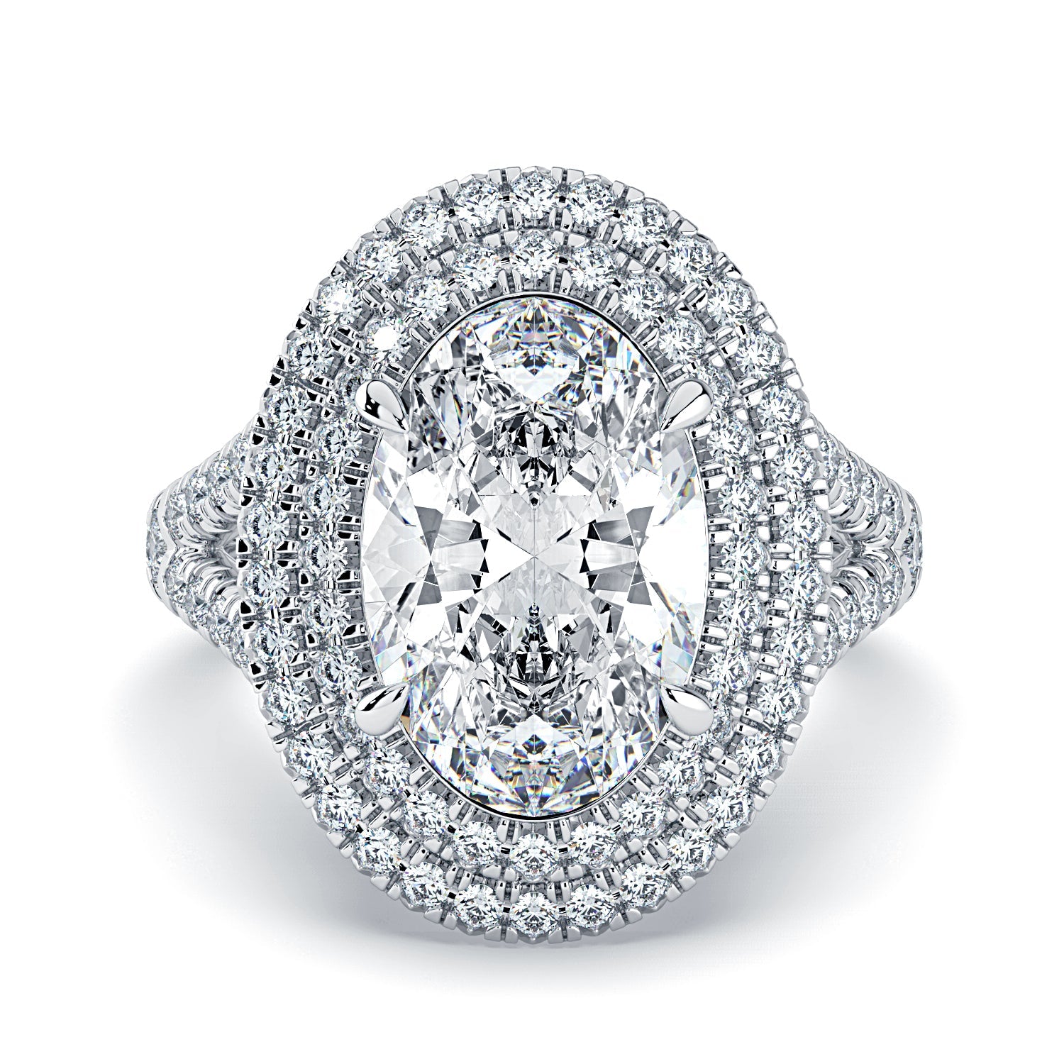 Oval Double Halo & Pavé Split Band Diamond Engagement Ring - White