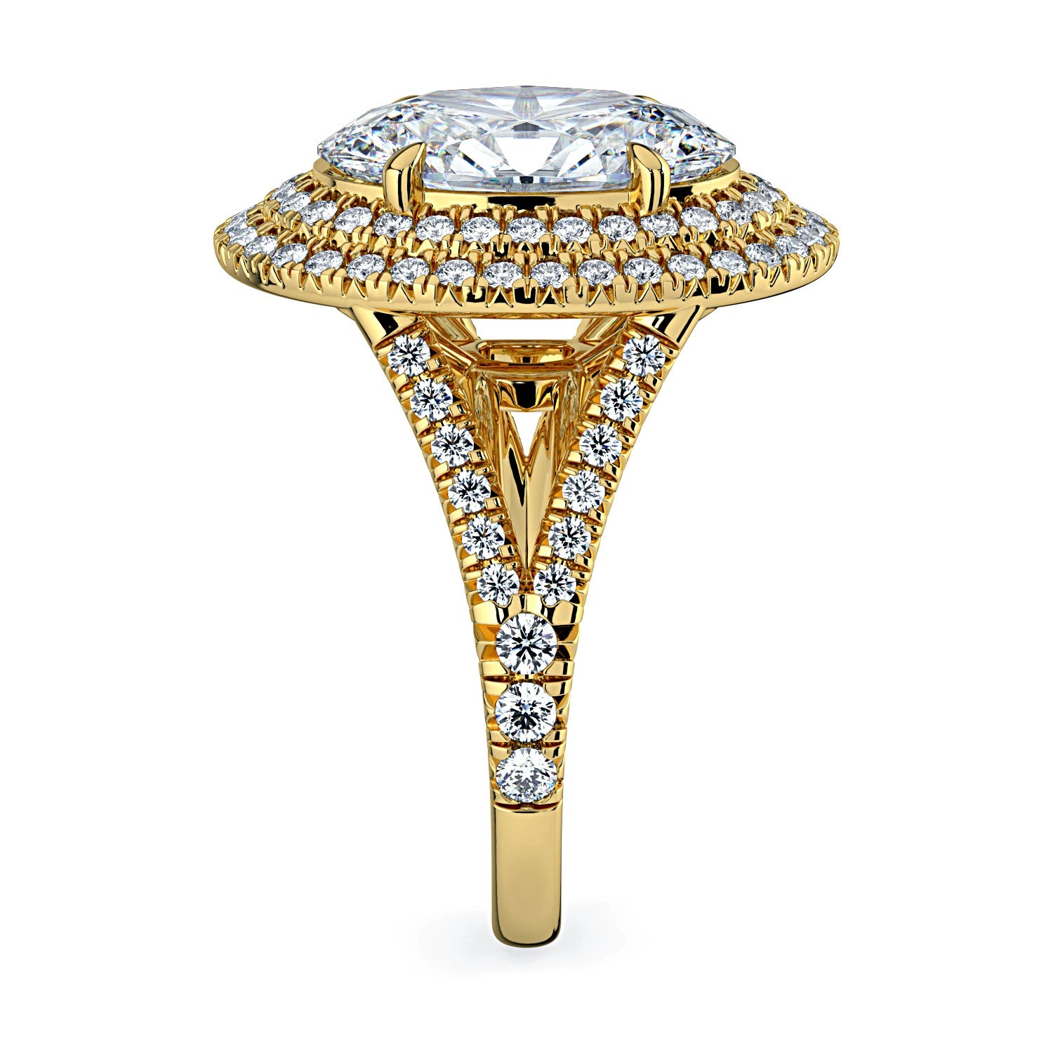 Oval Double Halo & Pavé Split Band Diamond Engagement Ring - Yellow