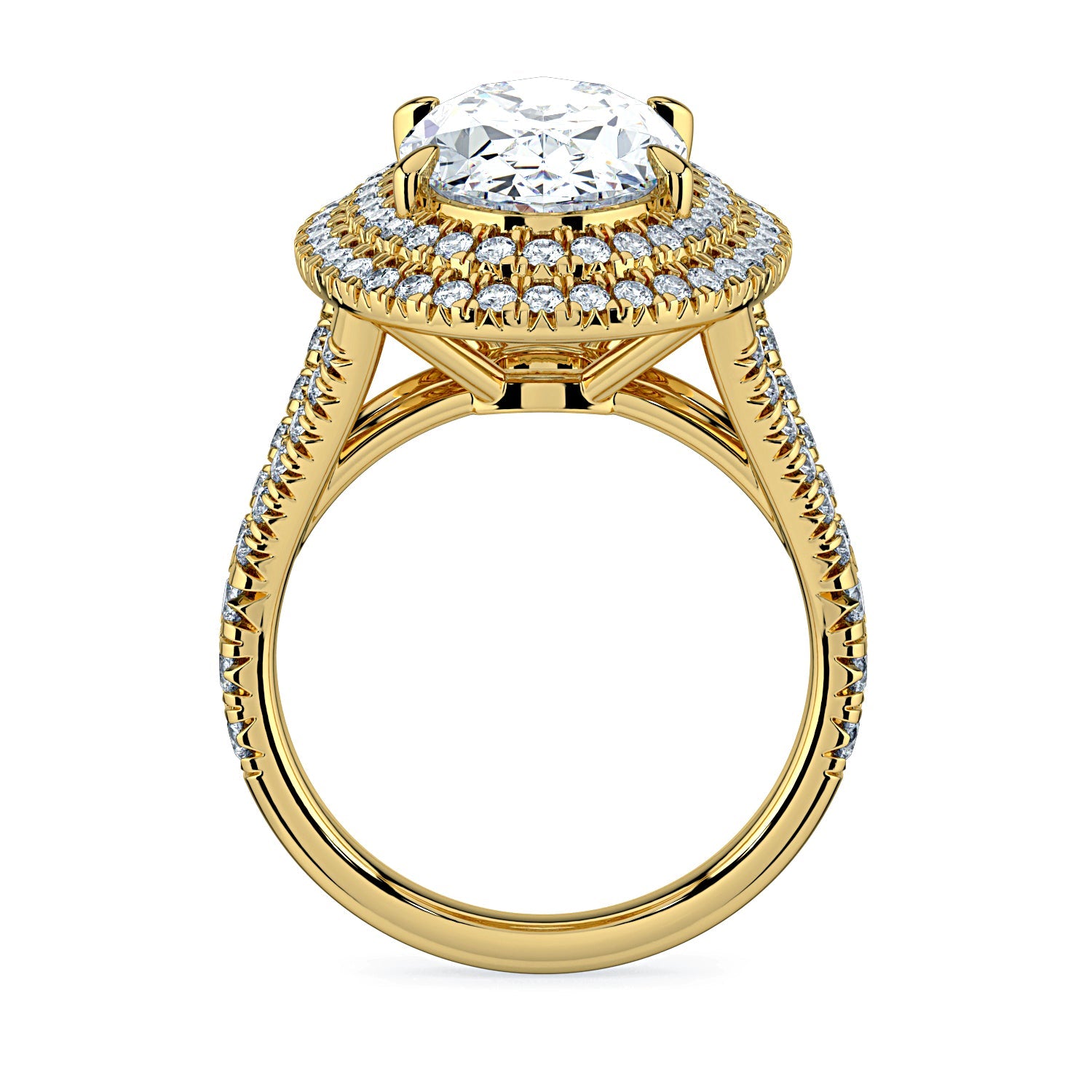 Oval Double Halo & Pavé Split Band Diamond Engagement Ring - Yellow