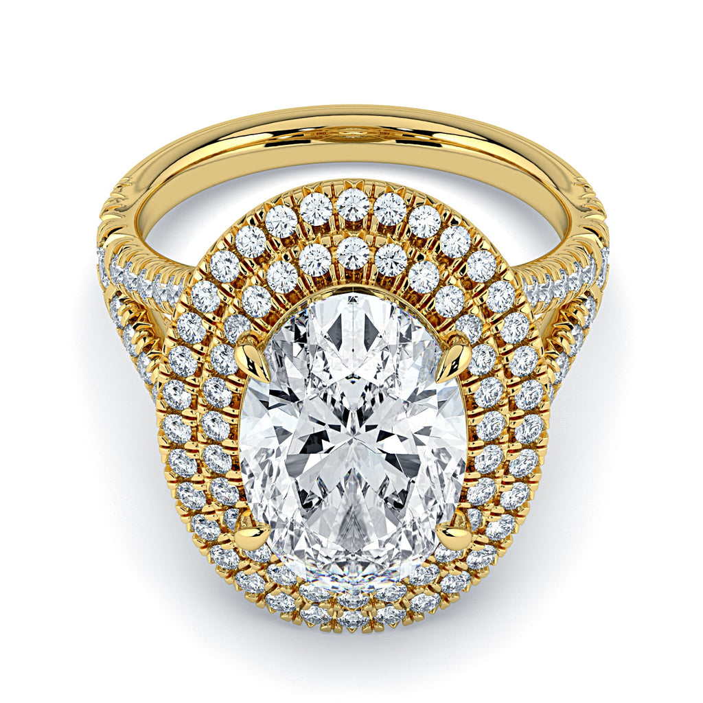 Oval Double Halo & Pavé Split Band Diamond Engagement Ring - Yellow