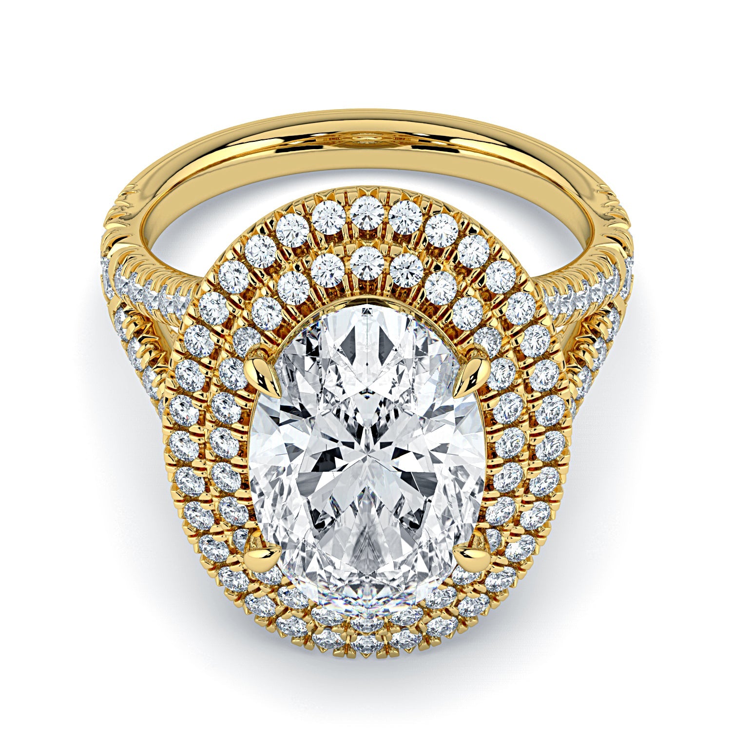 Oval Double Halo & Pavé Split Band Diamond Engagement Ring - Yellow